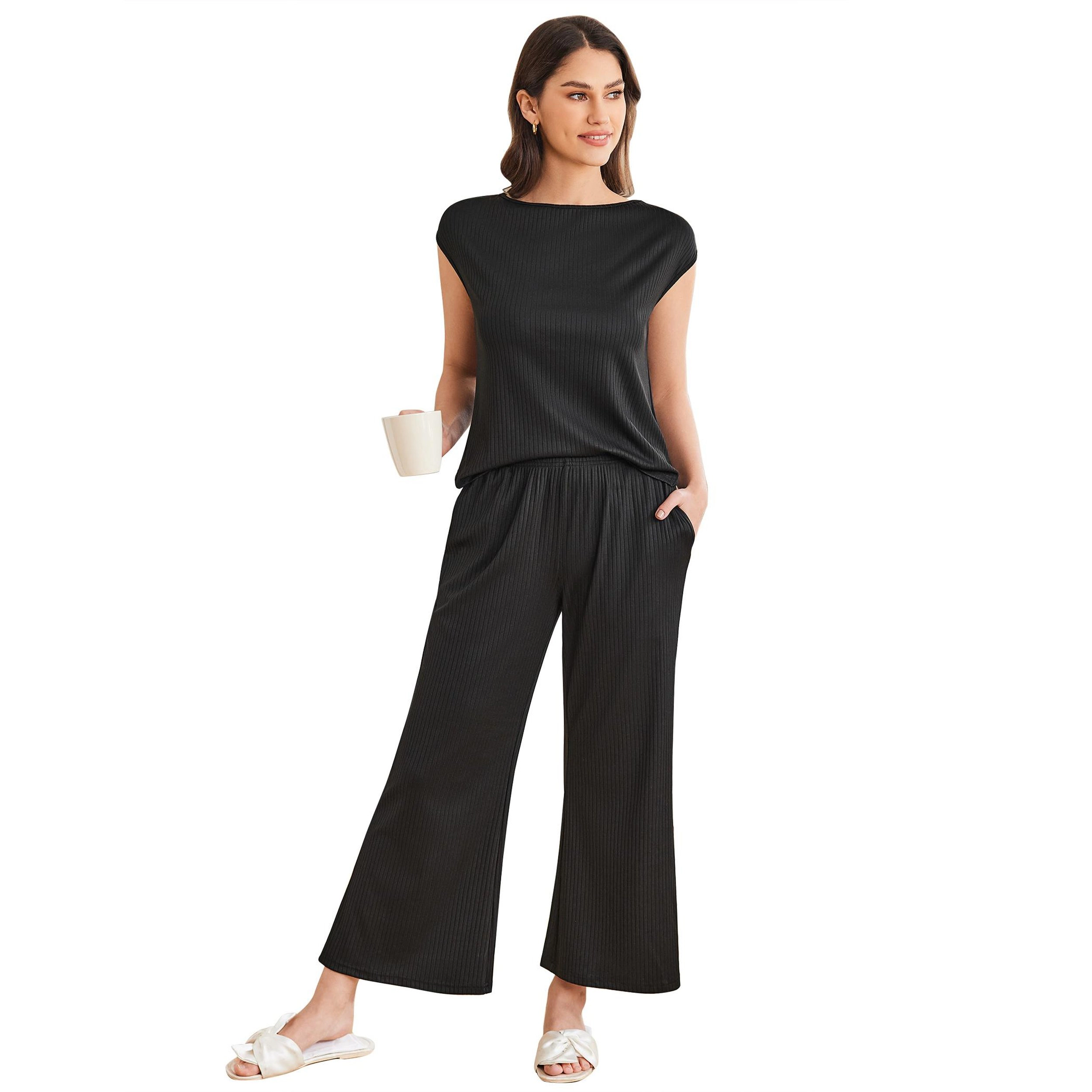Ekouaer Pajama Sets for Women Two Piece Casual Pj Set Rib Knit Cap Sleeve Soft Sleepwear