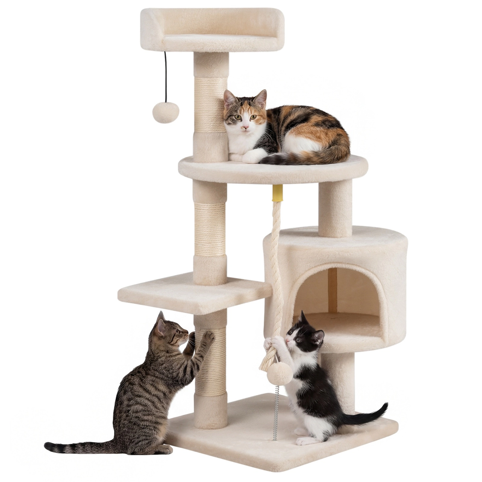 SUGIFT Beige 36 in Kitten Tower with 11.5 in Condo Raised Edge Perch and 3 Posts