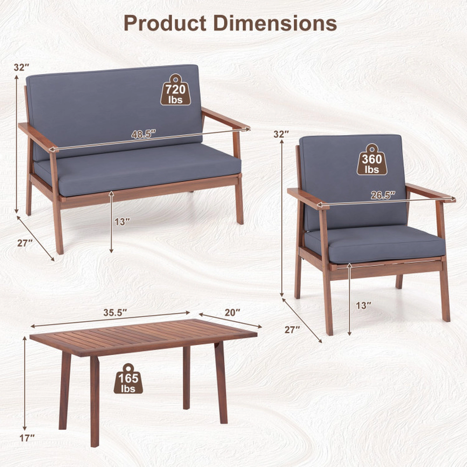 SUGIFT 4-Piece Gray Acacia Wood Patio Sofa Set with Cushions 48.5-in W 27-in D 32-in H 720-lb Loveseat Capacity