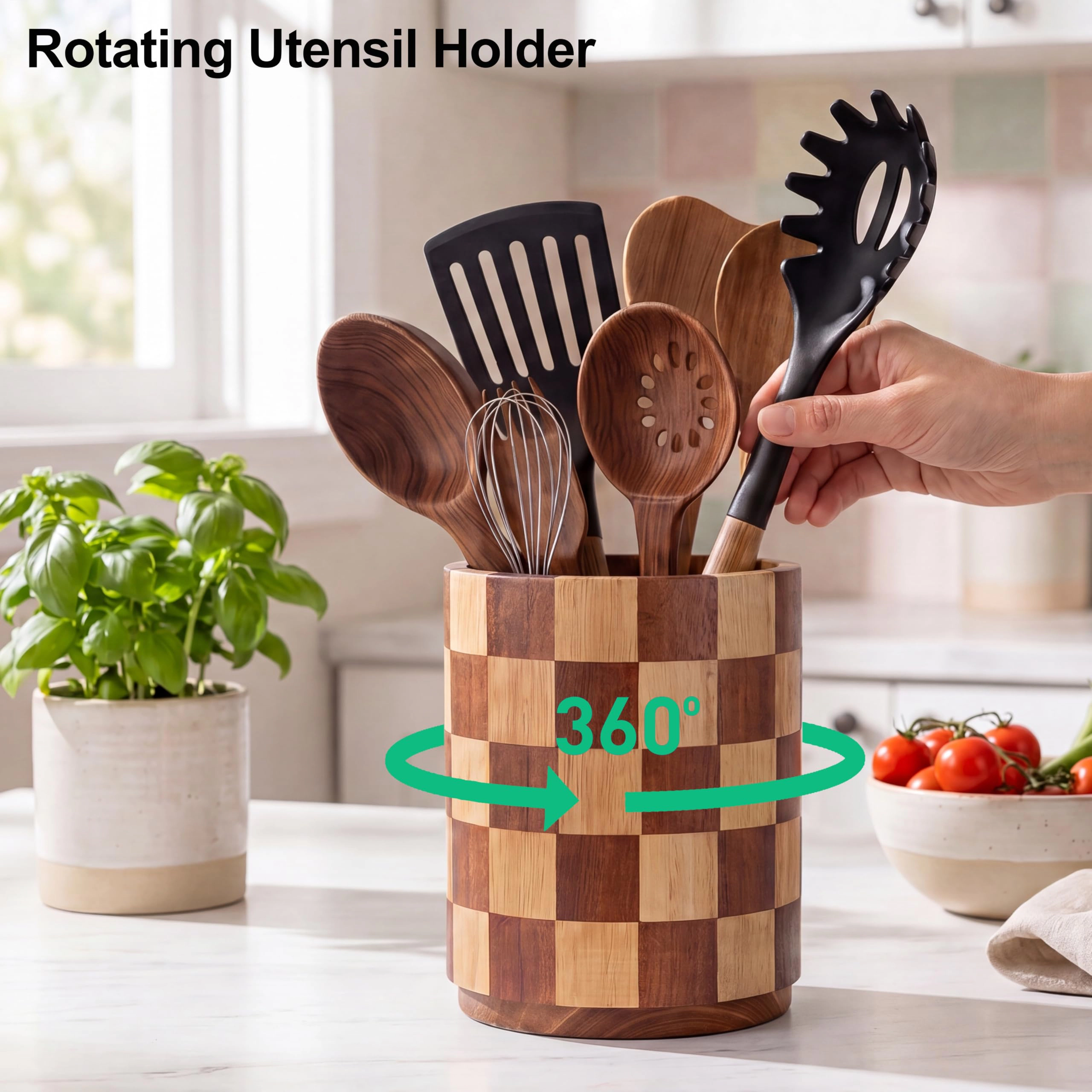 WZK 360 Rotating Wooden 15 Pcs Kitchen Utensil Holder