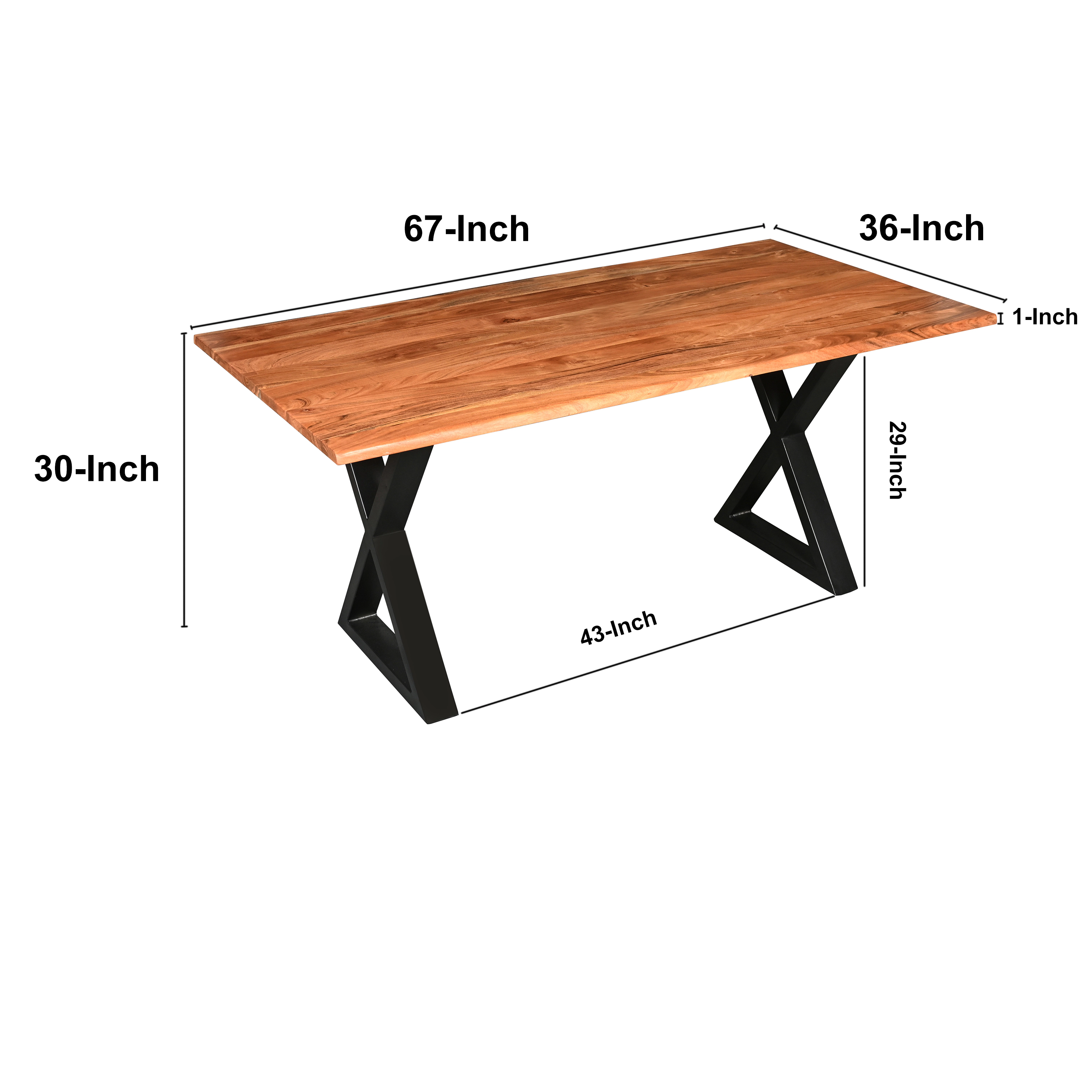 The Urban Port 67 Inch Rectangular Dining Table with Crossed Black Metal Legs and Faux Live Edge Acacia Wood Top