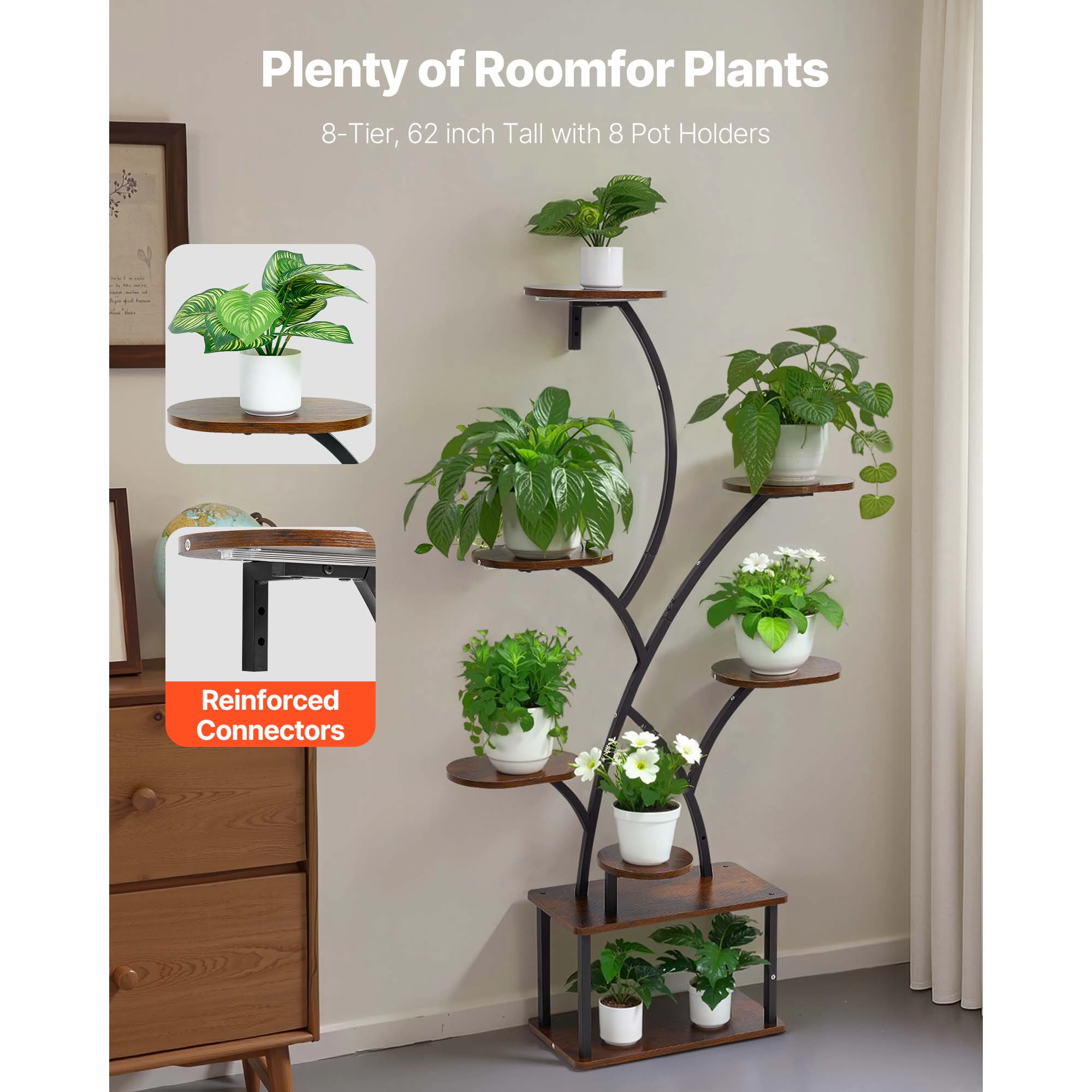HONGGE Plant Stand Indoor with Grow Lights, Tall Lighted Plant Shelf, Metal Corner Plants Holder