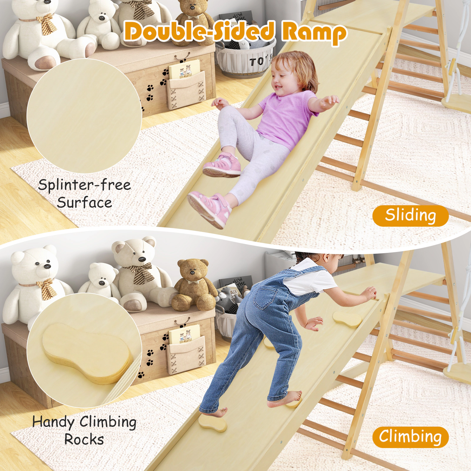 SUGIFT Natural 5-in-1 Foldable Wooden Kids Climber with Slide and Adjustable Swing 275-lb Total 4.5-in Folded