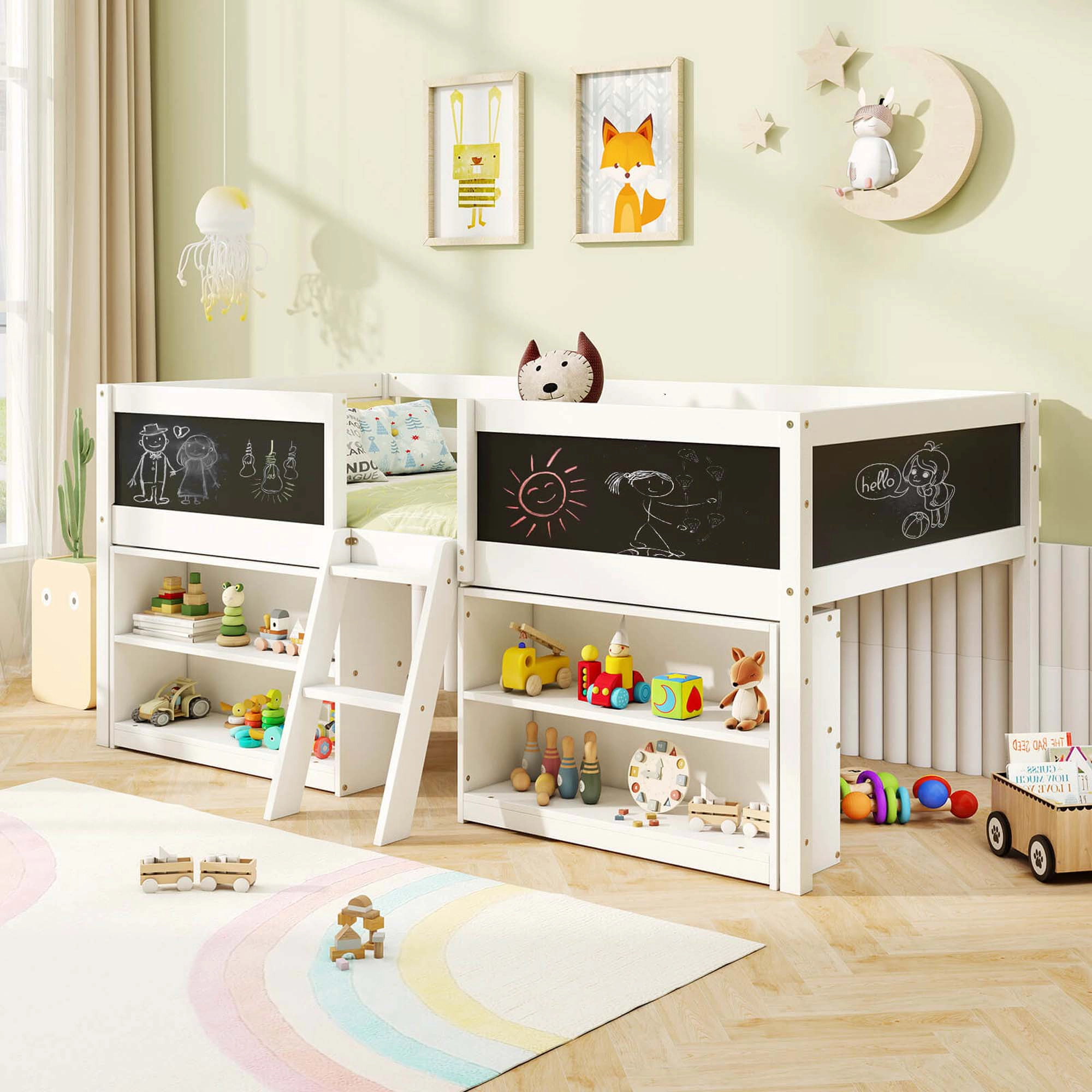 Costway Twin Size Low Loft Bed with Ramp Ladder & Bookcases Full-length Safety Guardrail White