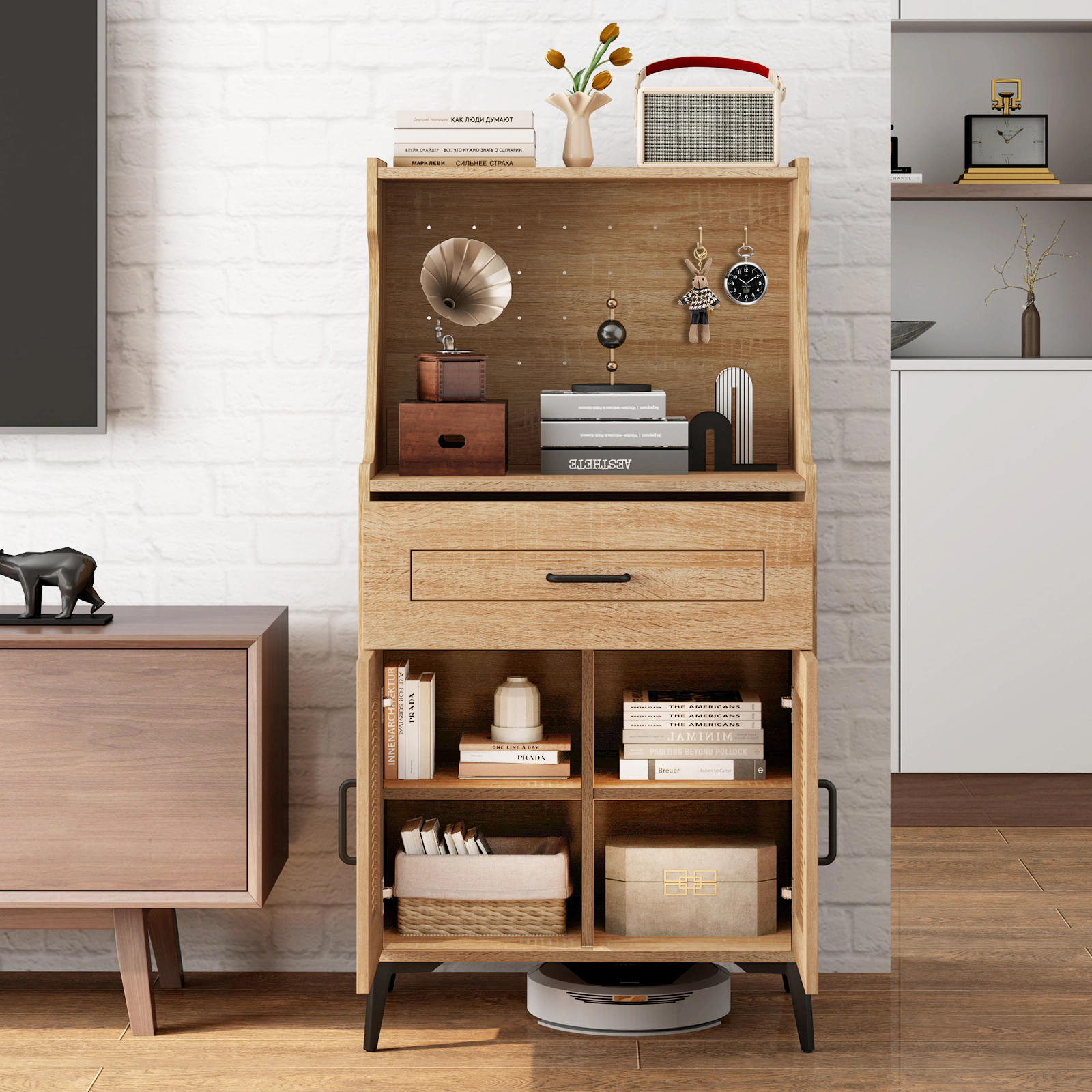 Glintex 45.5-Inch Coffee Bar Cabinet with Pegboard and Rattan Doors, Oak