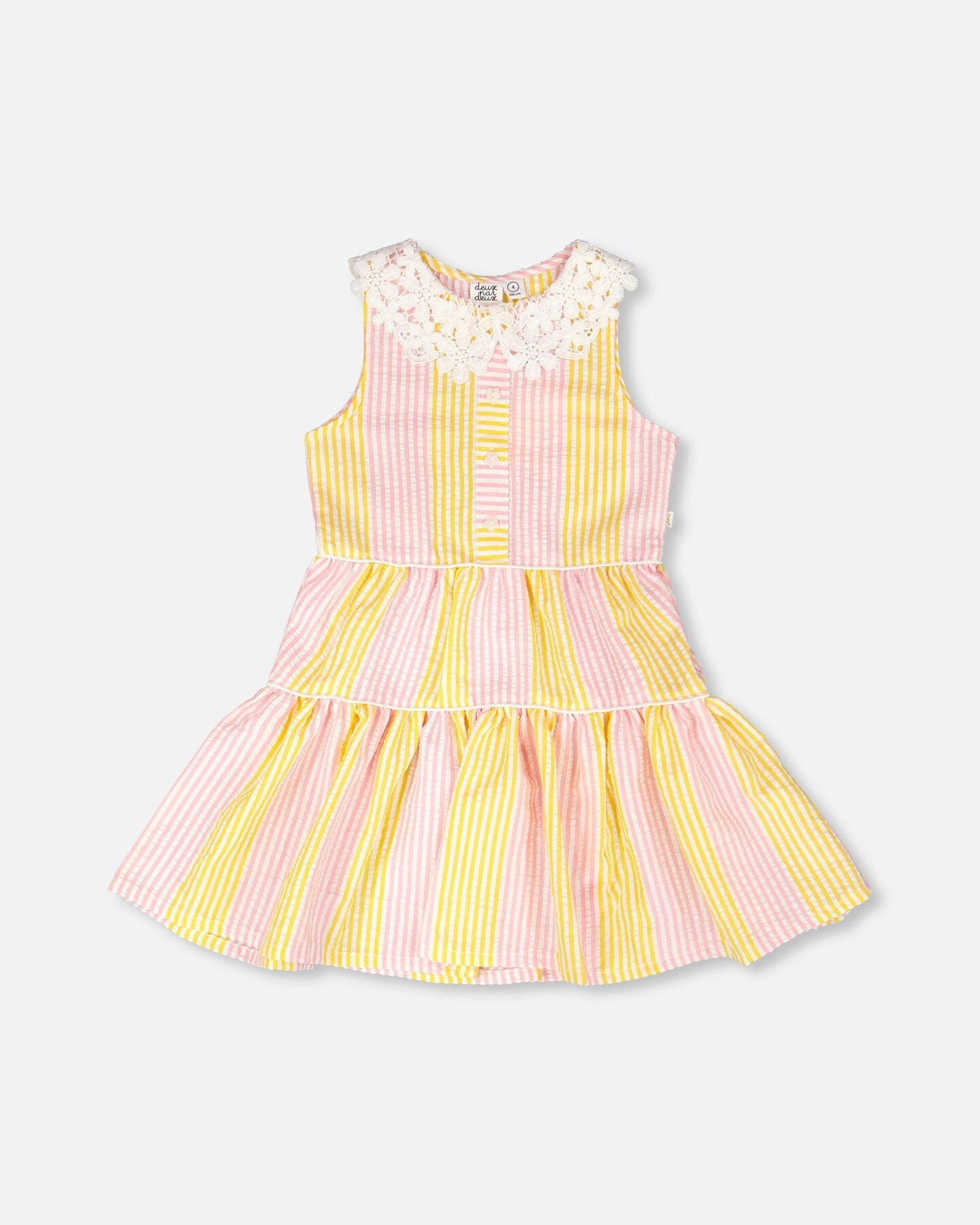 Deux par Deux Girls Sleeveless Dress with Crochet Peter Pan Collar and Stripes