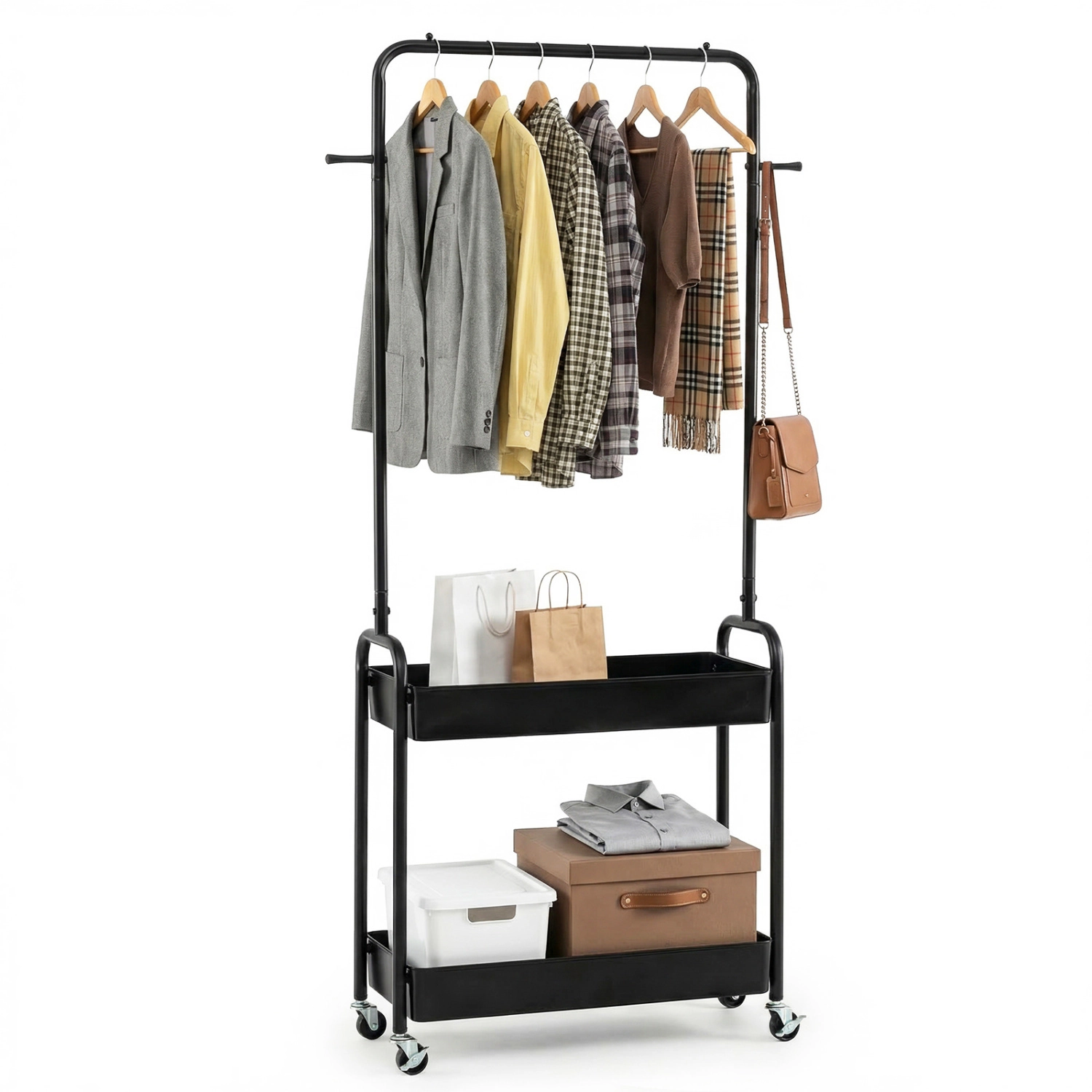 SUGIFT Heavy-Duty Rolling Laundry Cart Garment Rack with Hanging Rod and 2 Storage Baskets 80-lb Capacity Black