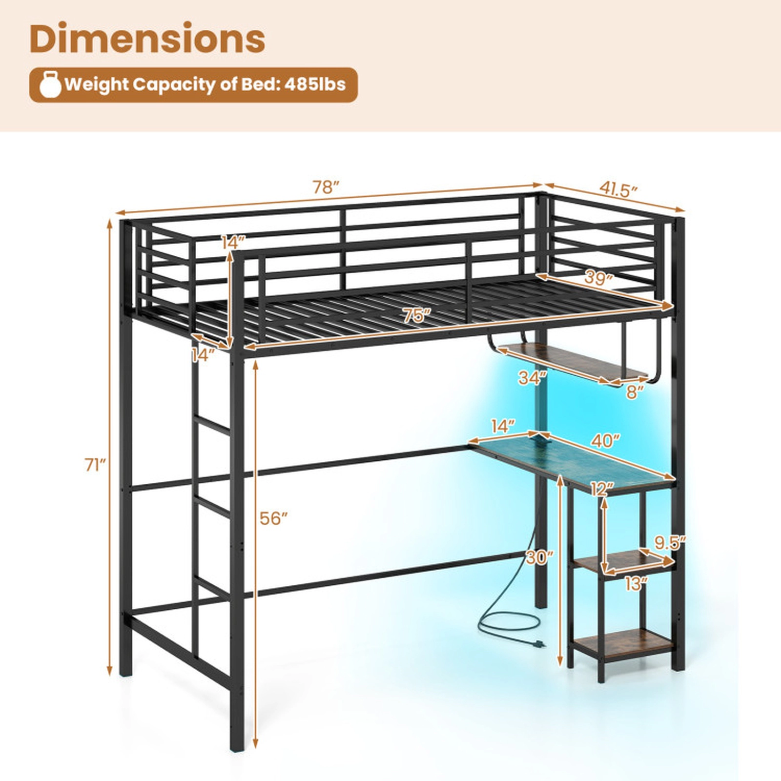 SUGIFT Black Desk LED Lights Charging Station and Metal Frame Twin Teens Loft Bed