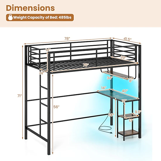 SUGIFT Black Desk LED Lights Charging Station and Metal Frame Twin Teens Loft Bed