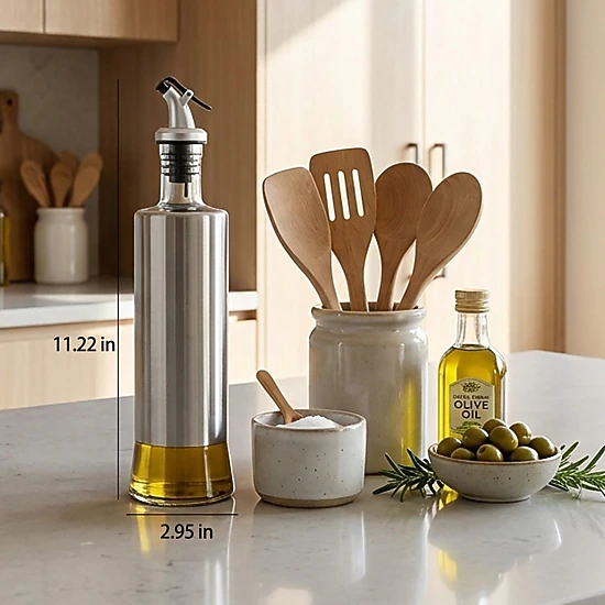 Alilang Women Glass Oil Dispenser Bottle with Stainless Steel Sleeve and Measuring Marks