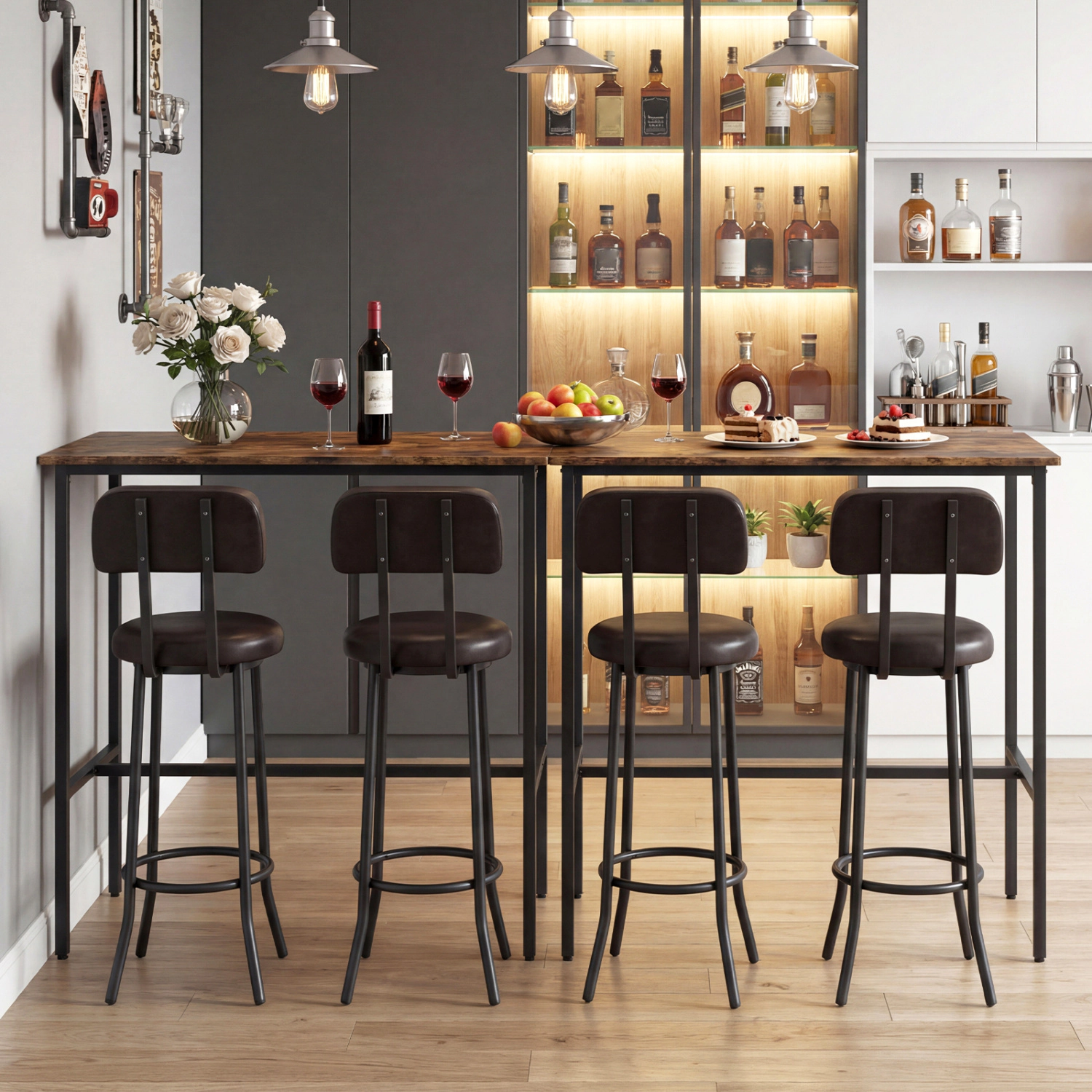 Slickblue Pub Table Set with 2 Stools Counter Height Kitchen Dining Set Rustic Brown-3 Pieces