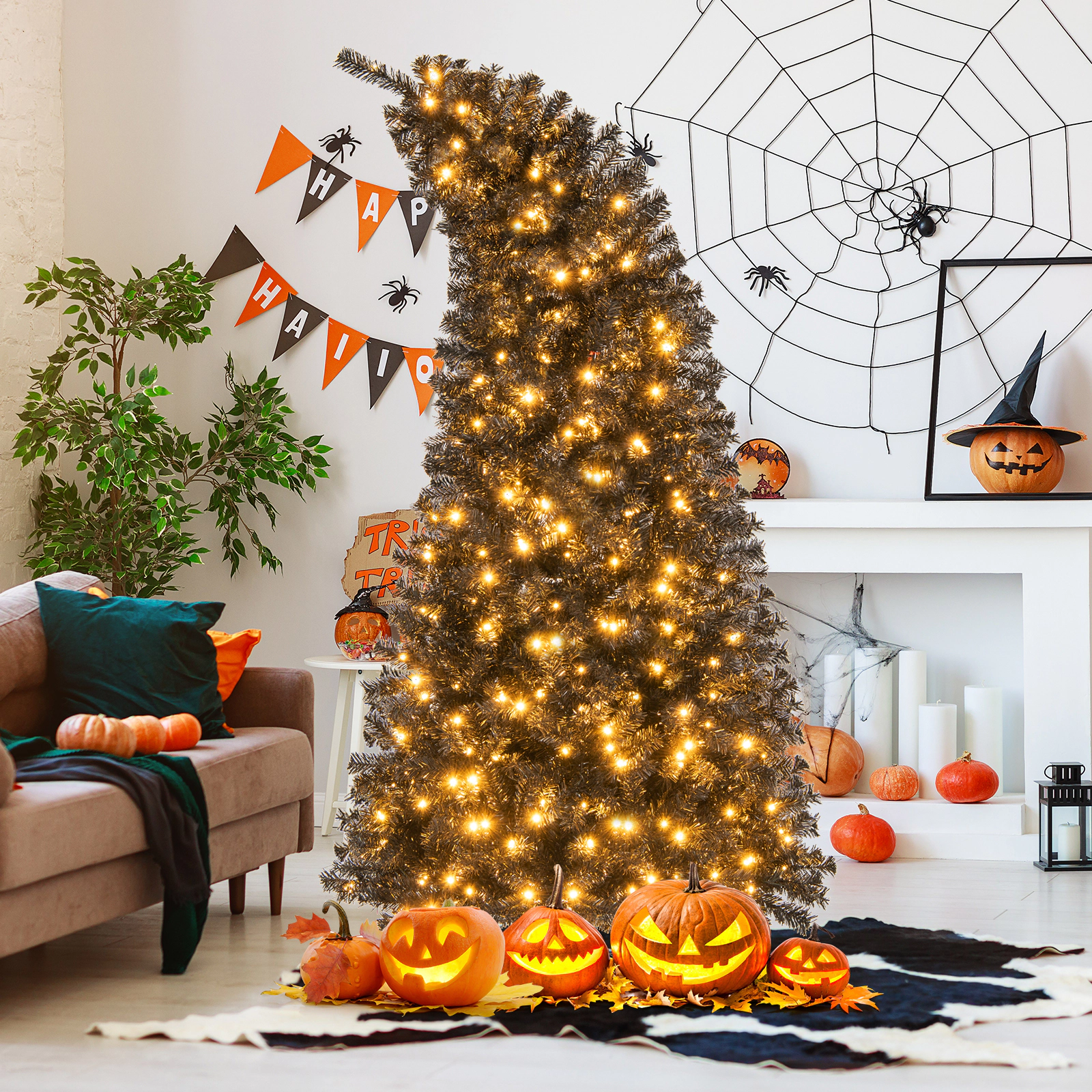 LJG 6/7 FT Artificial Christmas Tree with Bendable Top Section and Warm Light-7 ft