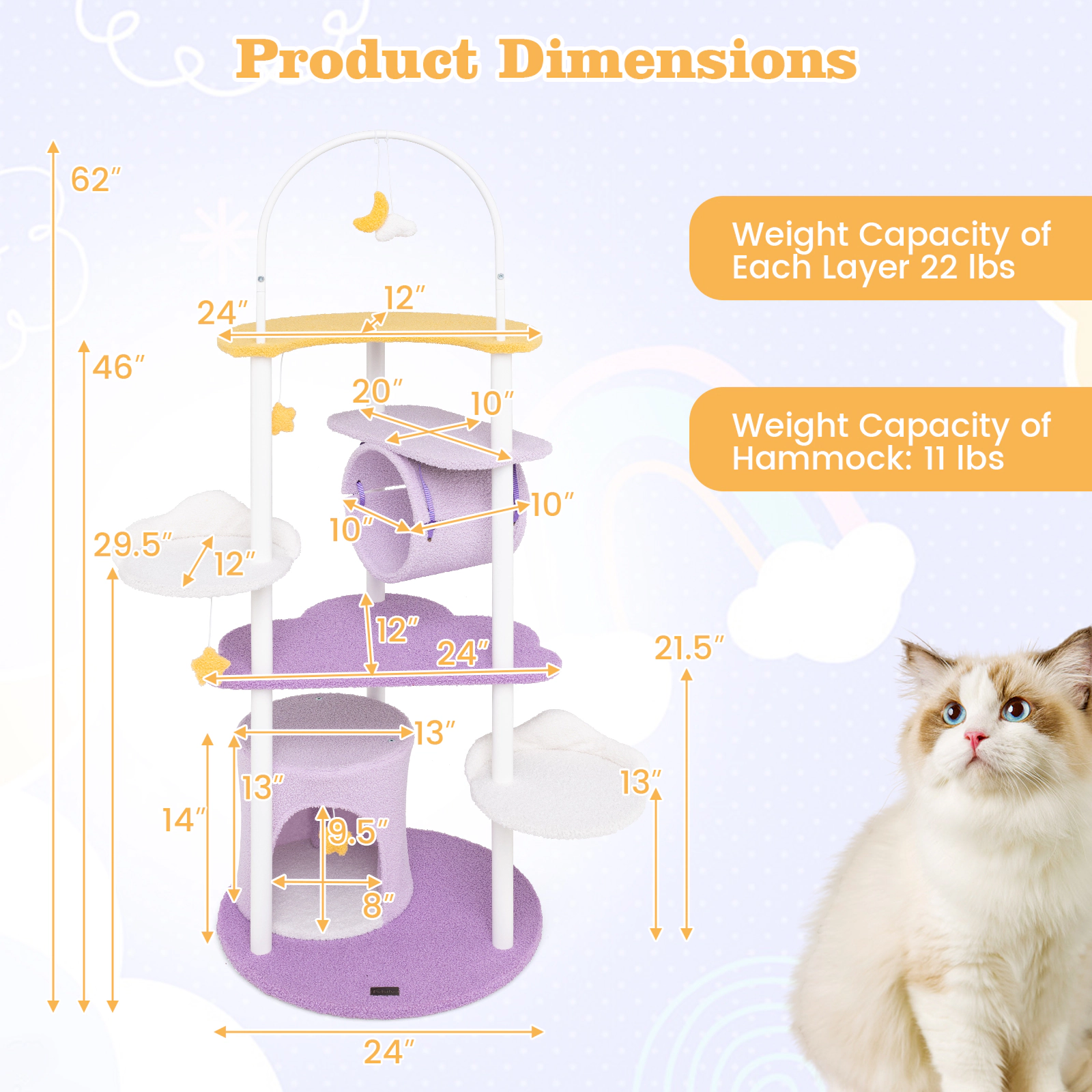 Glintex 62-Inch Starry Sky Cat Tower with Moon Platform Tunnel and Metal Posts, Purple