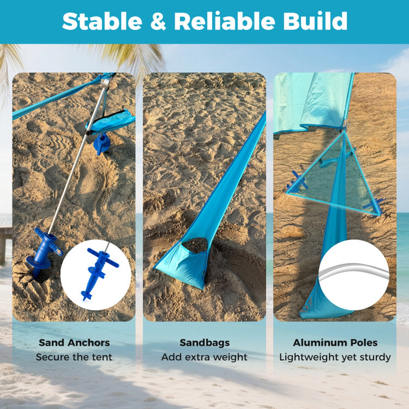 SUGIFT Blue 10-ft x 6.5-ft Wind Powered Beach Tent Sun Shelter Canopy with Sand Anchors and Carry Bag
