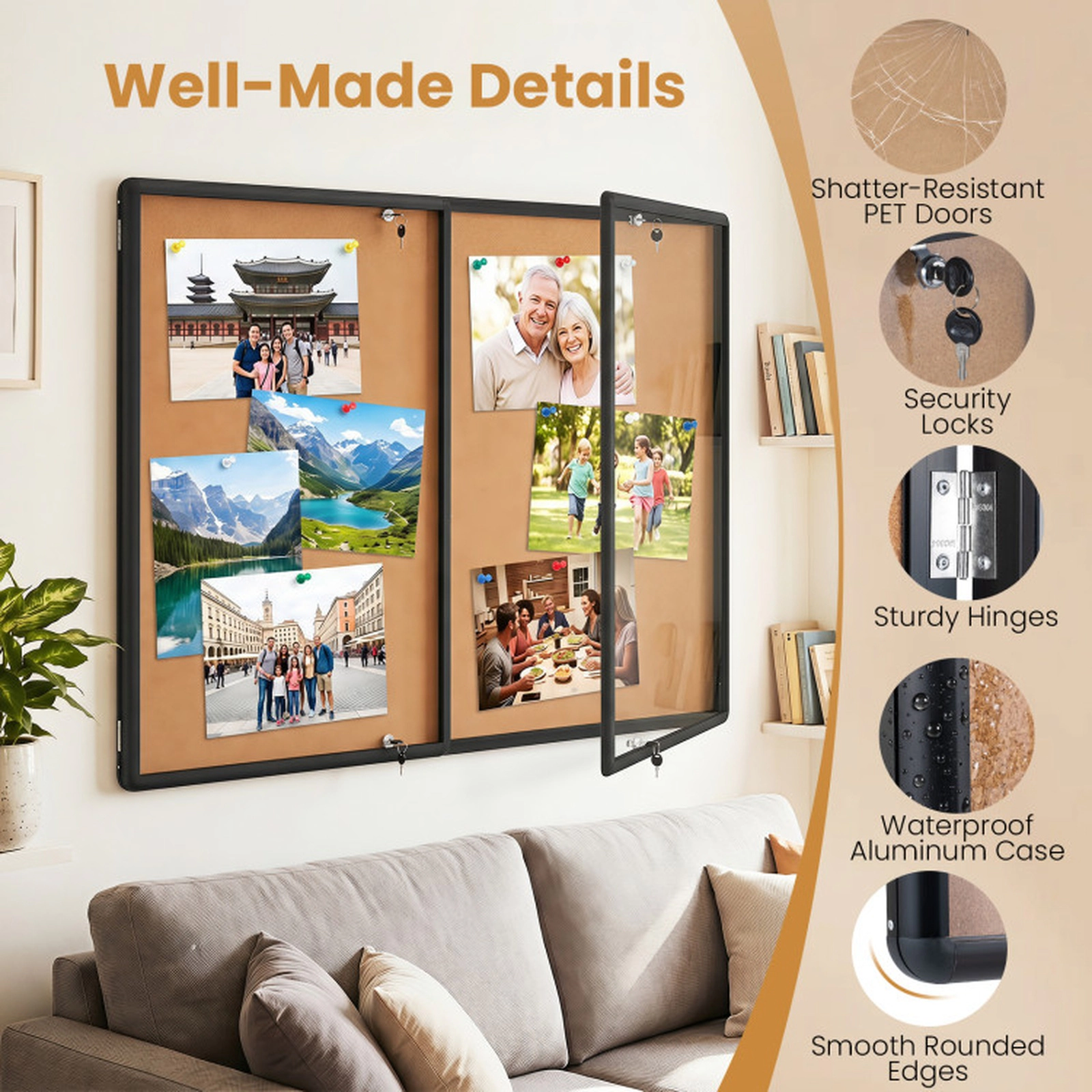 SUGIFT Enclosed Lockable 2 PET Doors Aluminum Frame Cork Bulletin Board 47.5-in x 35.5-in 16-lb Wall Mounted Black