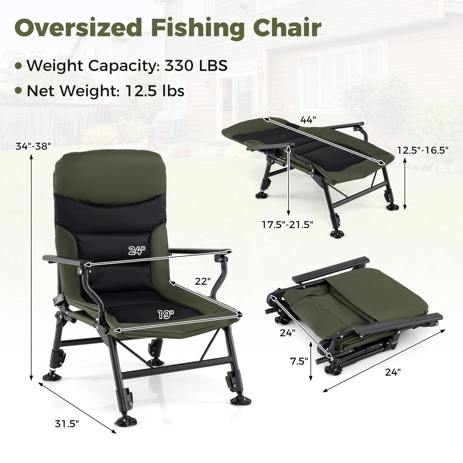 LJG Oversized Foldable Fishing Chair for Adults with Armrest