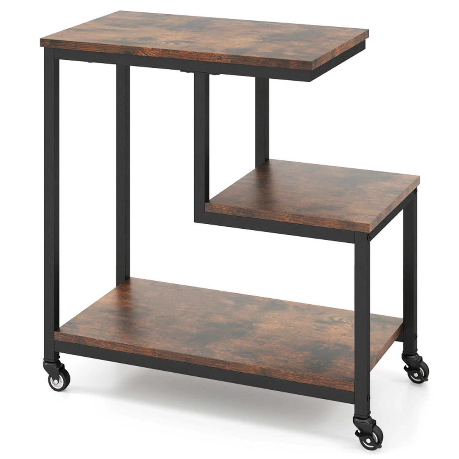 SUGIFT Rustic Brown 24-Inch Rolling 3-Tier G-Shaped Side Table with Locking Casters