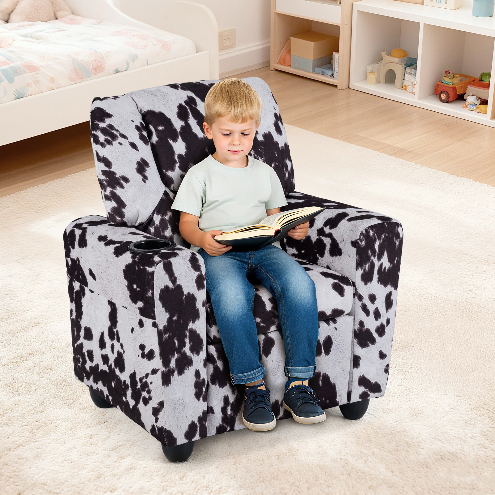 SUGIFT Kids Cow Print Velvet Cup Holder Push Back Recliner 24-in x 21.5-in x 28-in 150-lb Capacity Ages 3+ Black/White