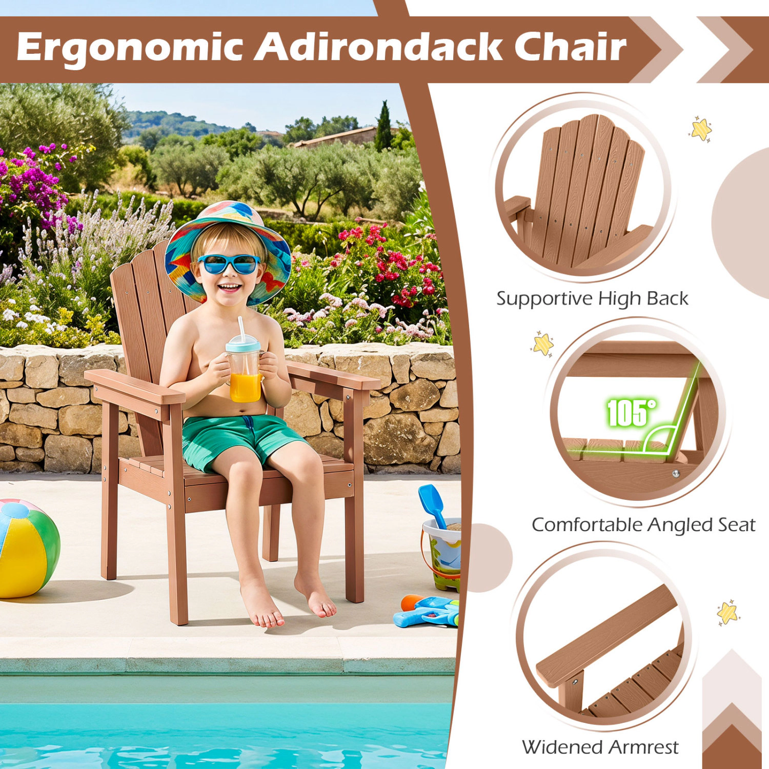 LJG Set of 2 Outdoor Adirondack Chair with High Backrest Wide Armrests and Angled Seat for Deck
