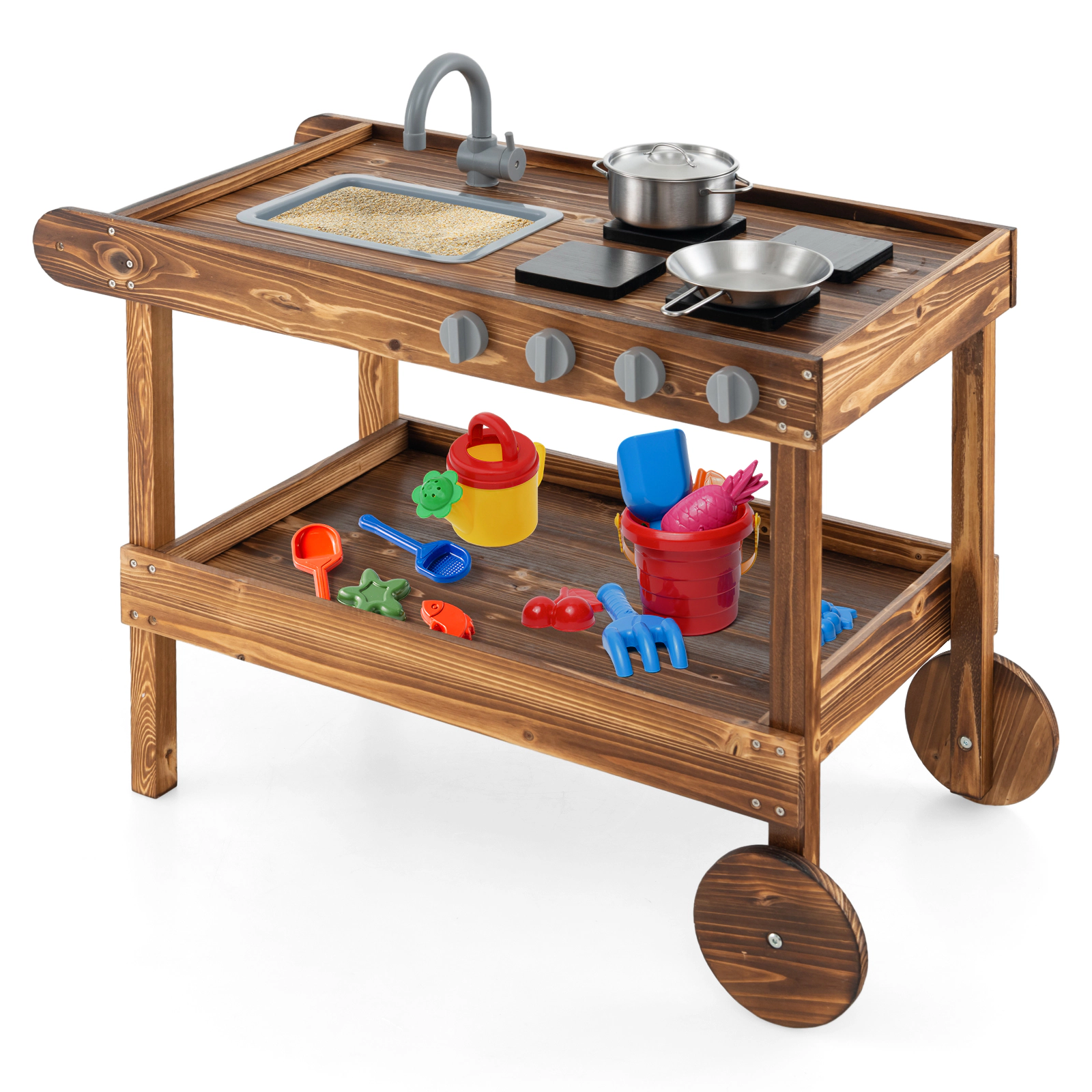 SUGIFT Movable Kids Wooden Mud Kitchen with Faucet Sink 4 Stoves 2 Rolling Wheels and Push Handle