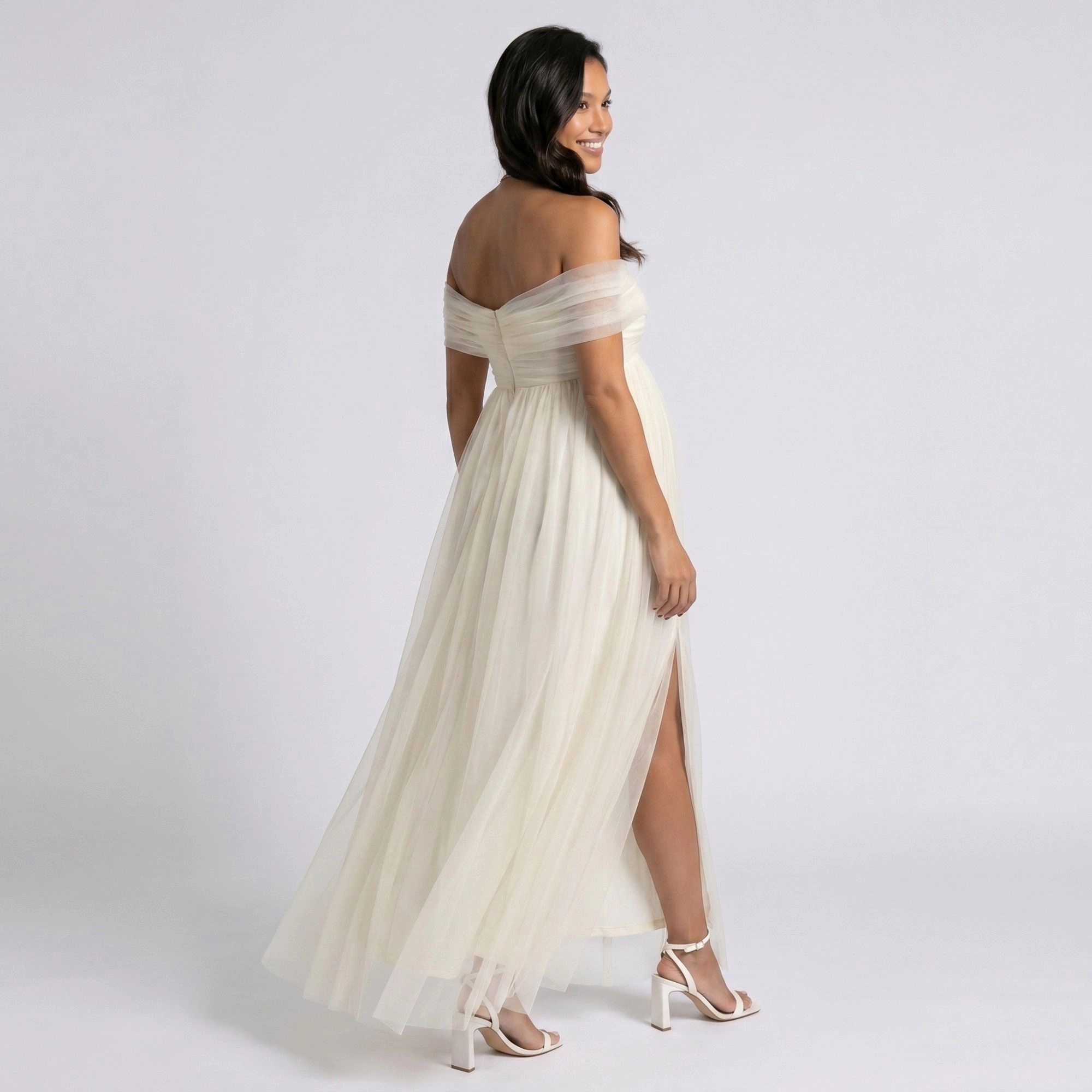 Anna-Kaci Women's Off Shoulder Ruched Bodice Front Slit Maternity Maxi Dress