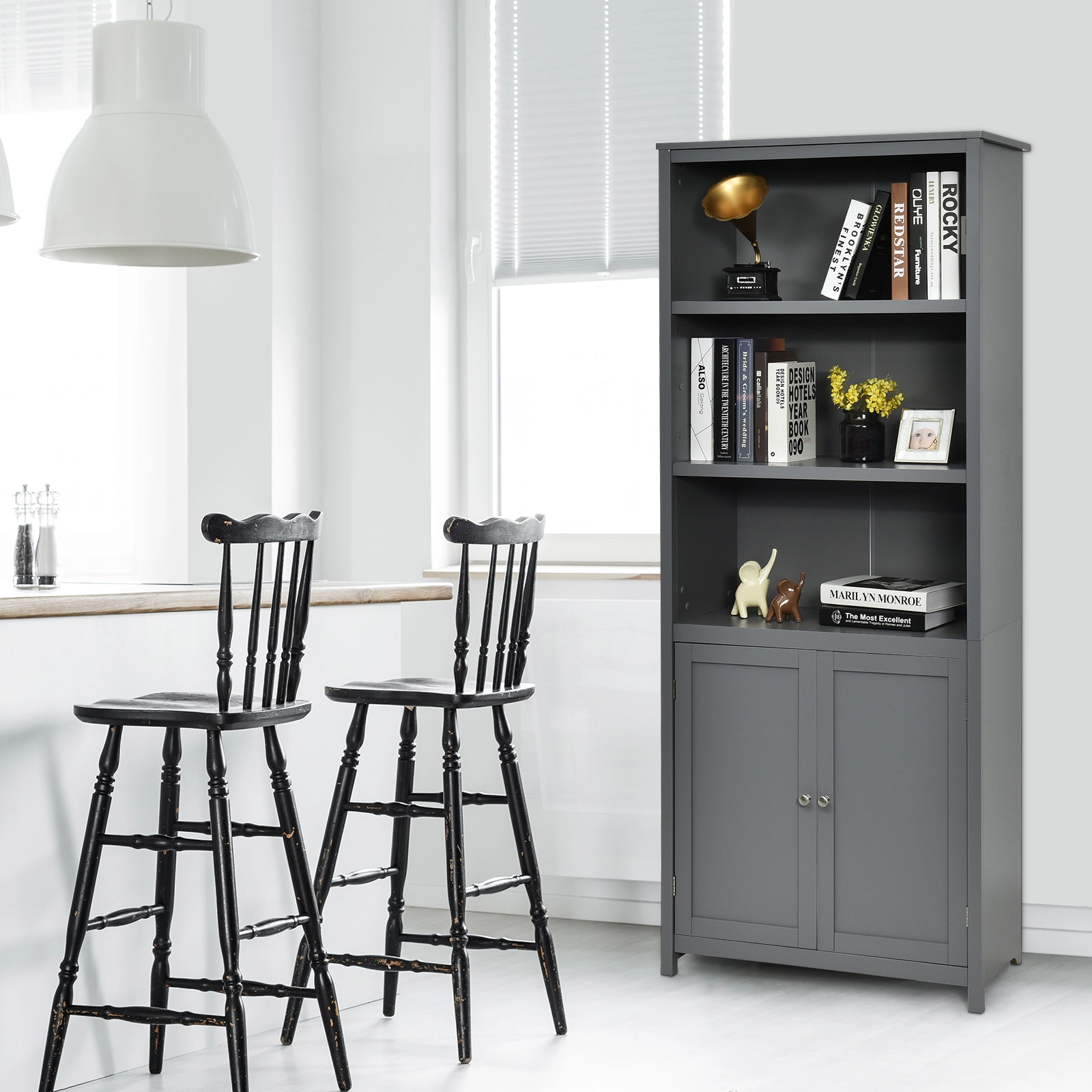 SUGIFT Gray 72 in Bookcase with 3 Open Shelves and Bottom Storage Cabinet