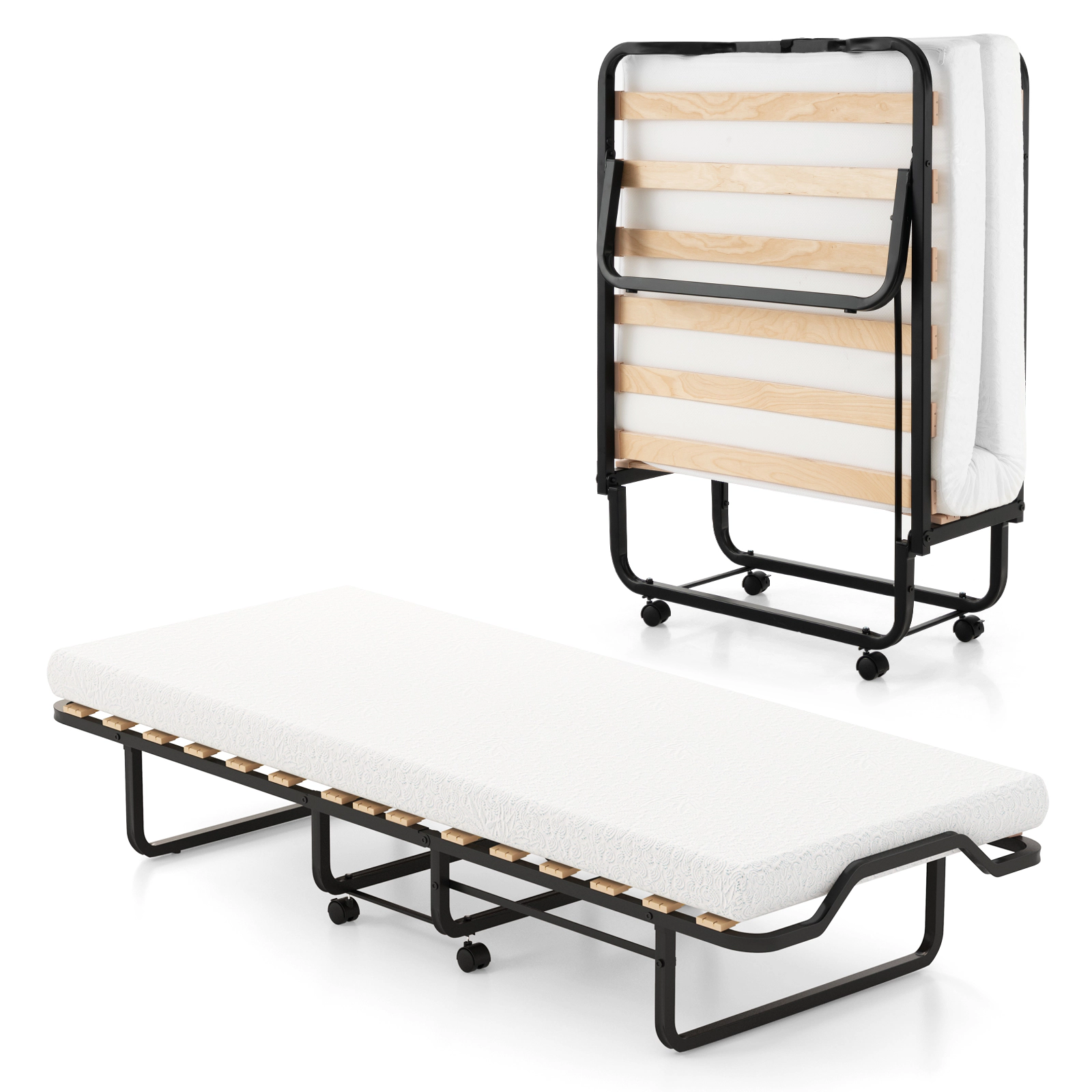 SUGIFT Twin Size Folding Bed with 4-in Foam Mattress and Lockable Wheels 490-lb Capacity Black and White