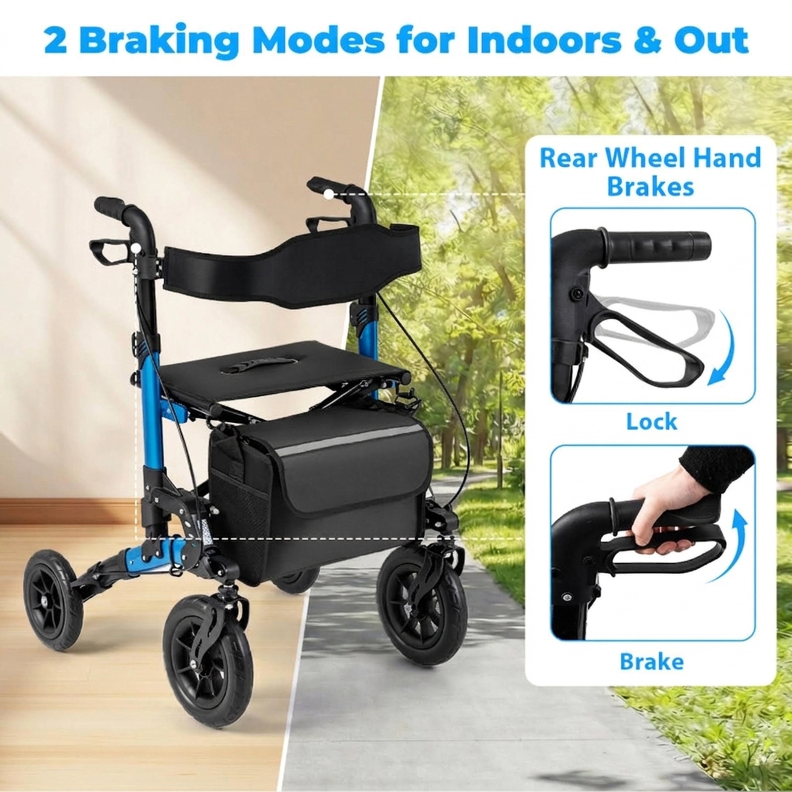 SUGIFT Blue Folding Rollator Walker with Spring Suspension and Mesh Backrest 31.5-in W 25-in D 300-lb Seat Capacity