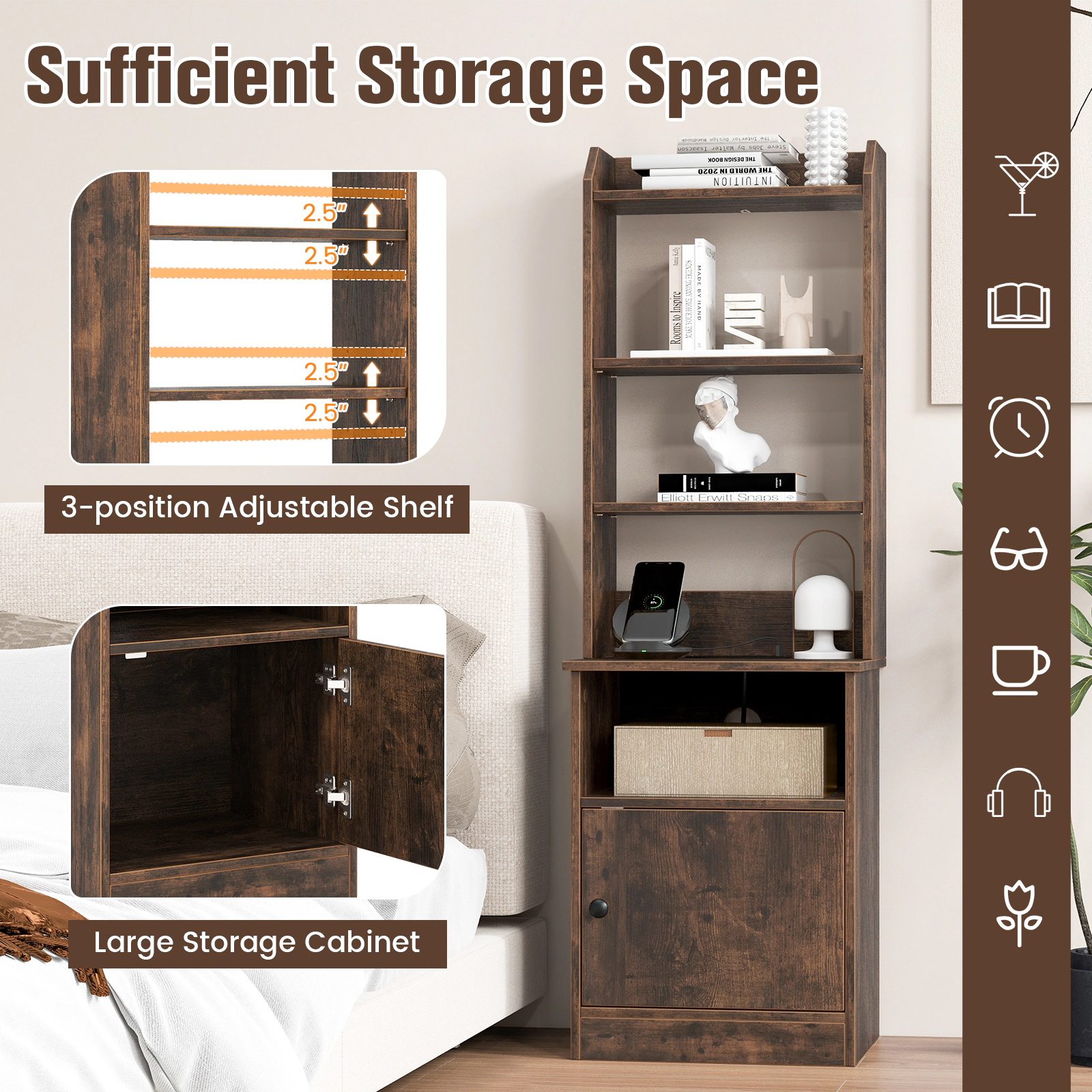 SUGIFT 6-Tier Rustic Brown 56-in Tall Bookshelf Nightstand with Charging Station 2 USB Ports and Cabinet