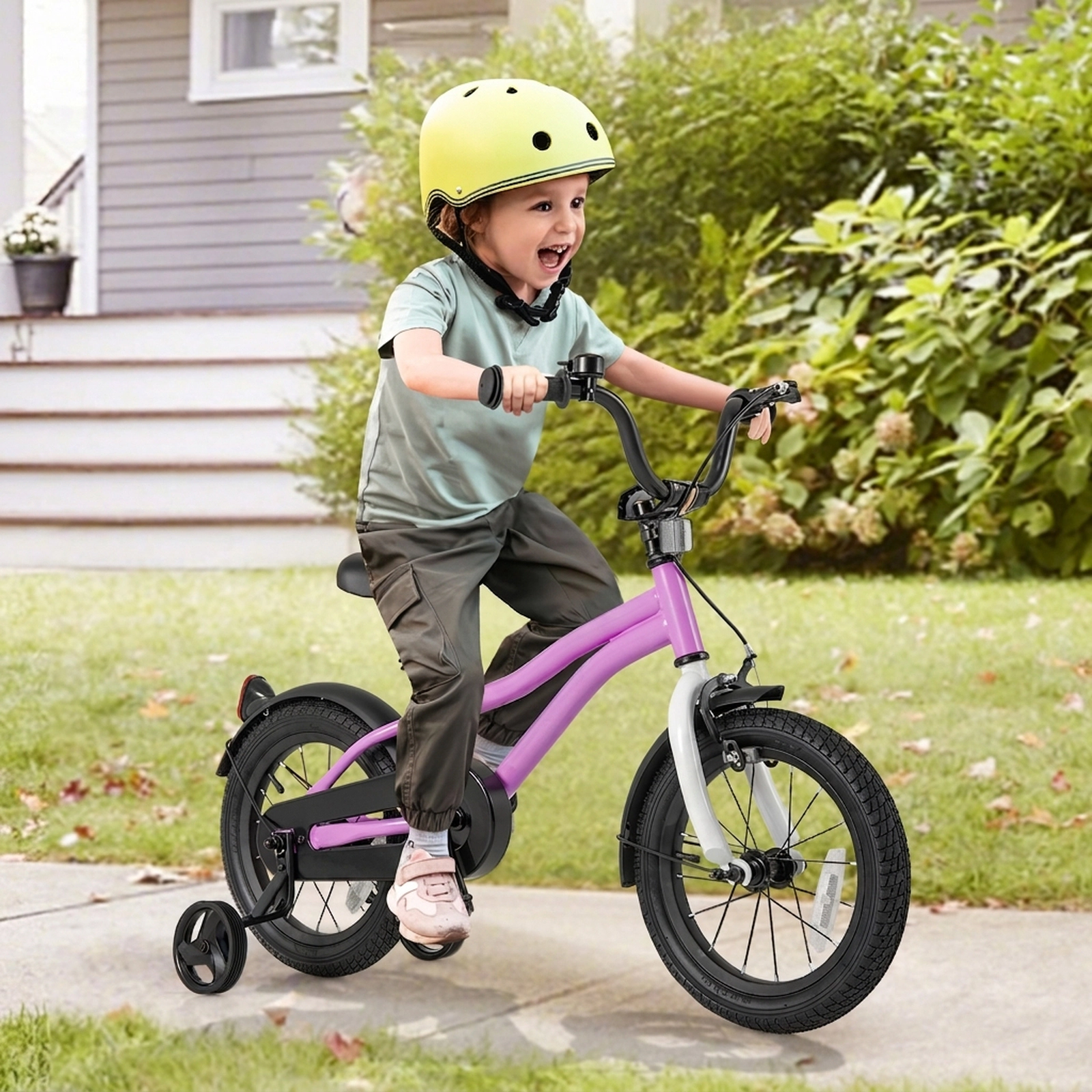 14-in Kids Bicycle Quick Release Seat Clamp Detachable Training Wheels Anti Puncture Tires Bell Ages 3-5 Purple