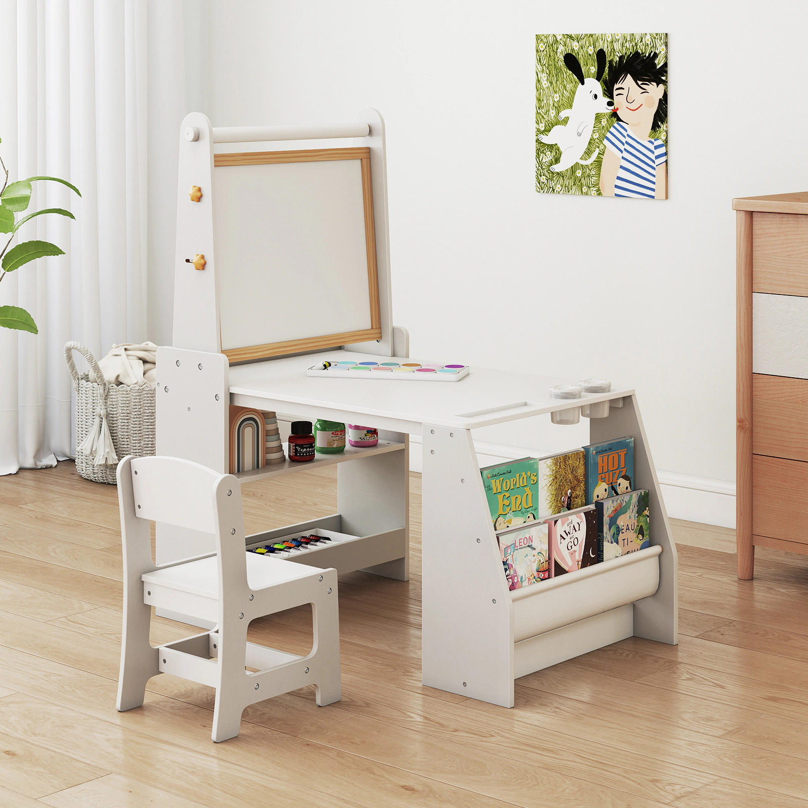 SUGIFT Kids Art Table and Chair Set with Easel 110-lb Tabletop Capacity with Bookshelf and Storage Gray White Natural