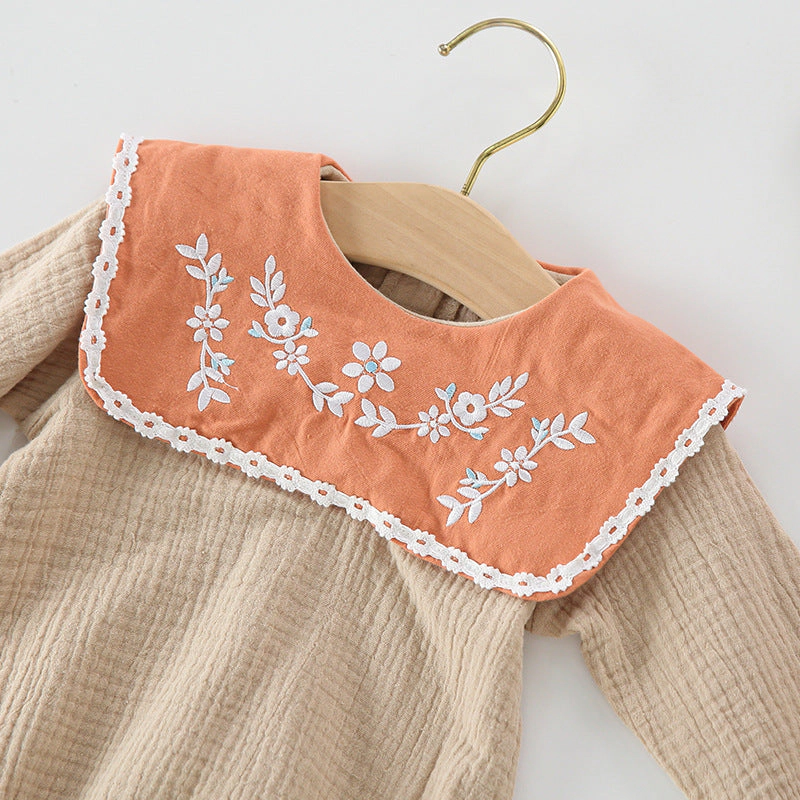 MyKids-USA Baby Girl Floral Embroidery Pattern Long Sleeves Autumn Princess Bodysuit With Hat