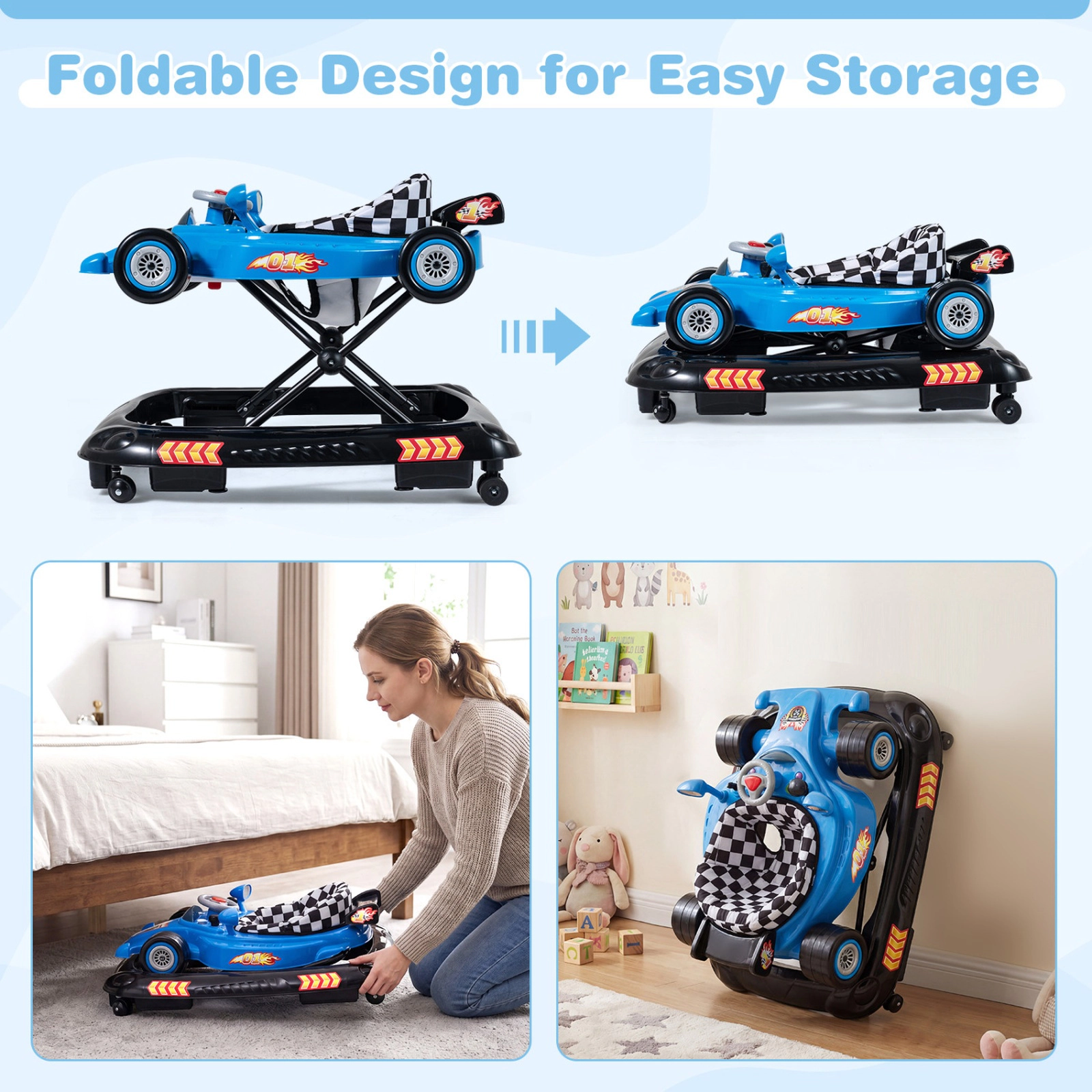 SUGIFT Convertible Baby Walker with 3 Adjustable Height Settings 26.5-lb Capacity Ages 7-14 Months Racing Car Style Blue