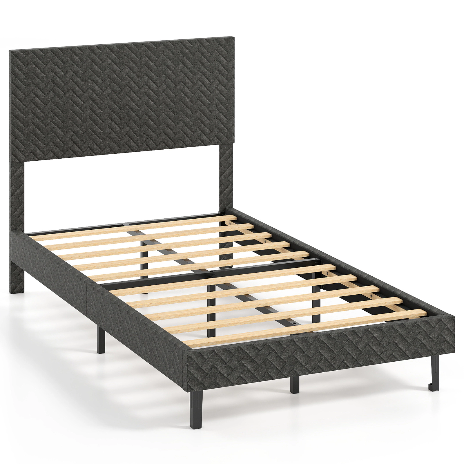 SUGIFT Velvet Upholstered Platform Twin Bed Frame with Adjustable Chevron Headboard 500-Lb Capacity 77.5-in Frame Gray
