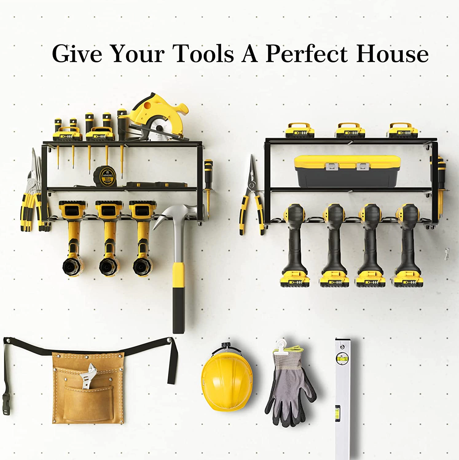 Mega Casa Heavy-Duty Wall-Mount Tool Organizer – 4 Drill Slots, Sturdy Steel Frame