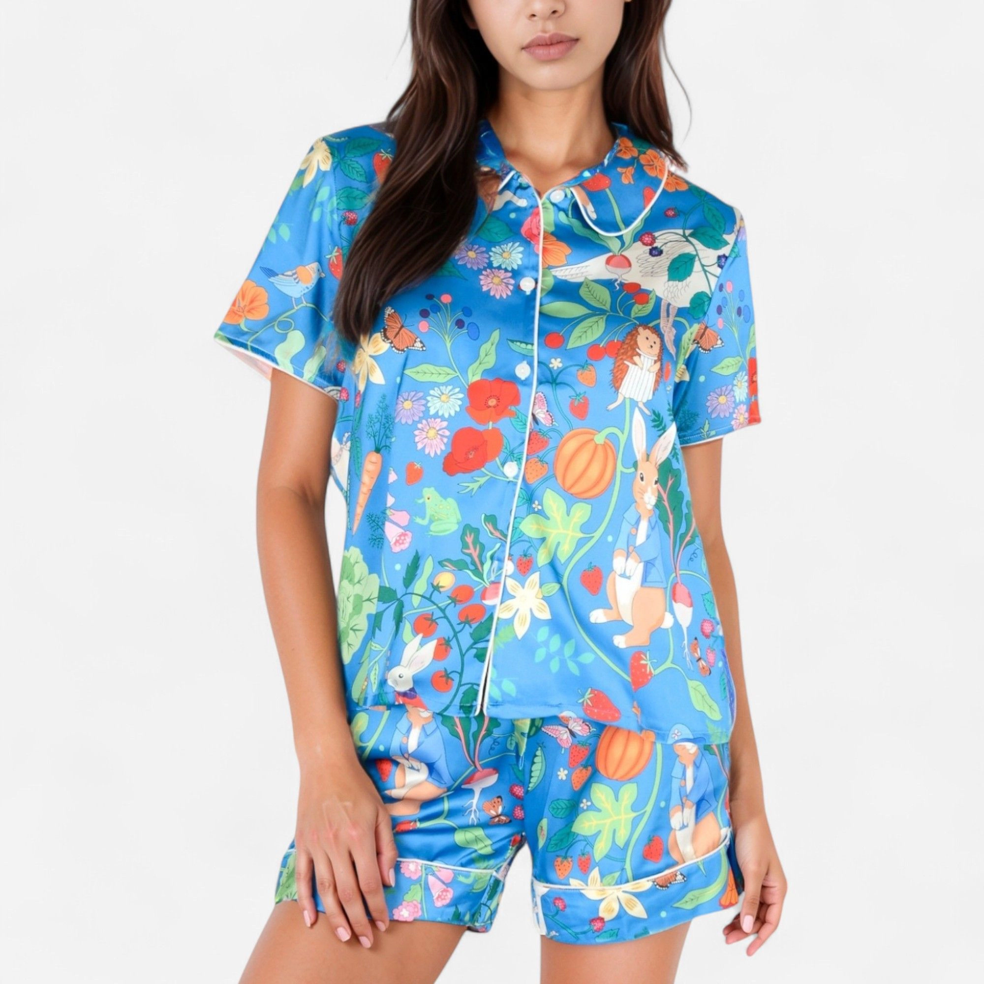 Anna-Kaci Women's Whimsical Garden Animal Print Pajama Set with Short Sleeve Button Up Top and Matching Shorts