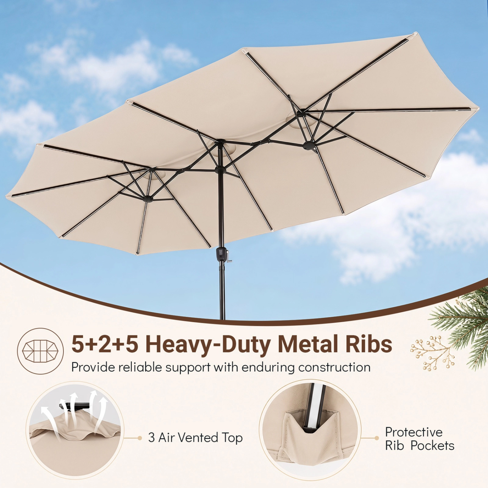 SUGIFT 15.5-ft Extra-Large Patio Umbrella with Solar LED Lights 12 Reinforced Metal Ribs Beige