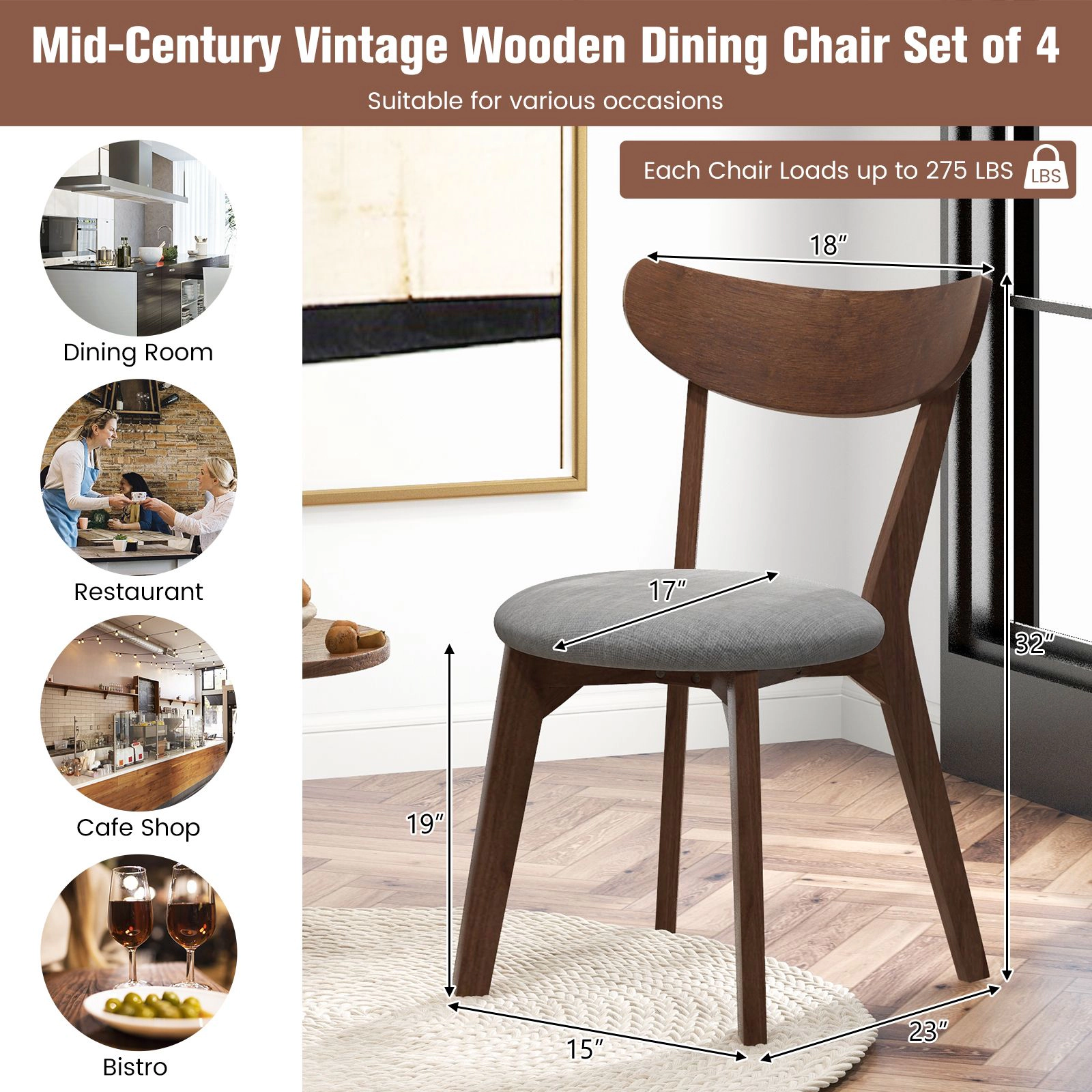 SlickBlue Padded Mid-Century Rubber Wood Side Chair