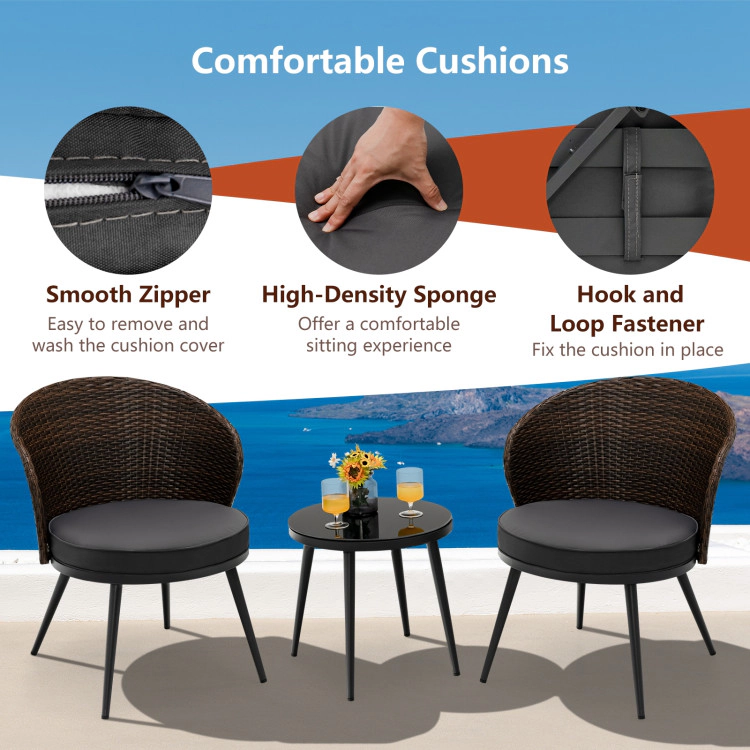 Hivvago 3 Pieces Patio Rattan Bistro Set with 2 Seat Cushions and Tempered Glass Tabletop