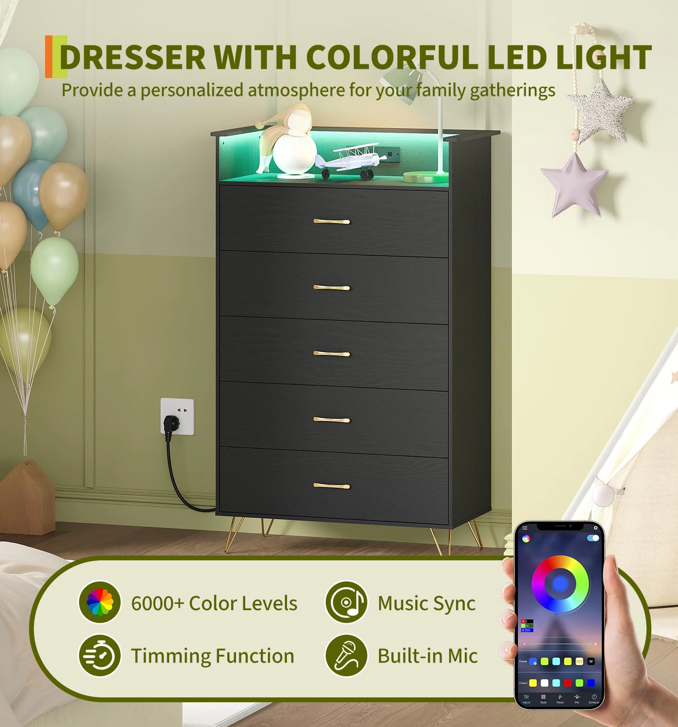 53" Tall 5 Drawer Dresser with RGB LED Lights & Charging Station, App Controlled Wood Chest