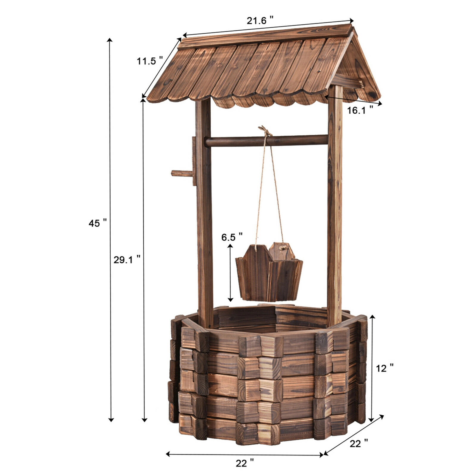 SUGIFT 47-in Tall Rustic Fir Wood Wishing Well Planter with Hanging Bucket Top Hut and 37.8-in Rope