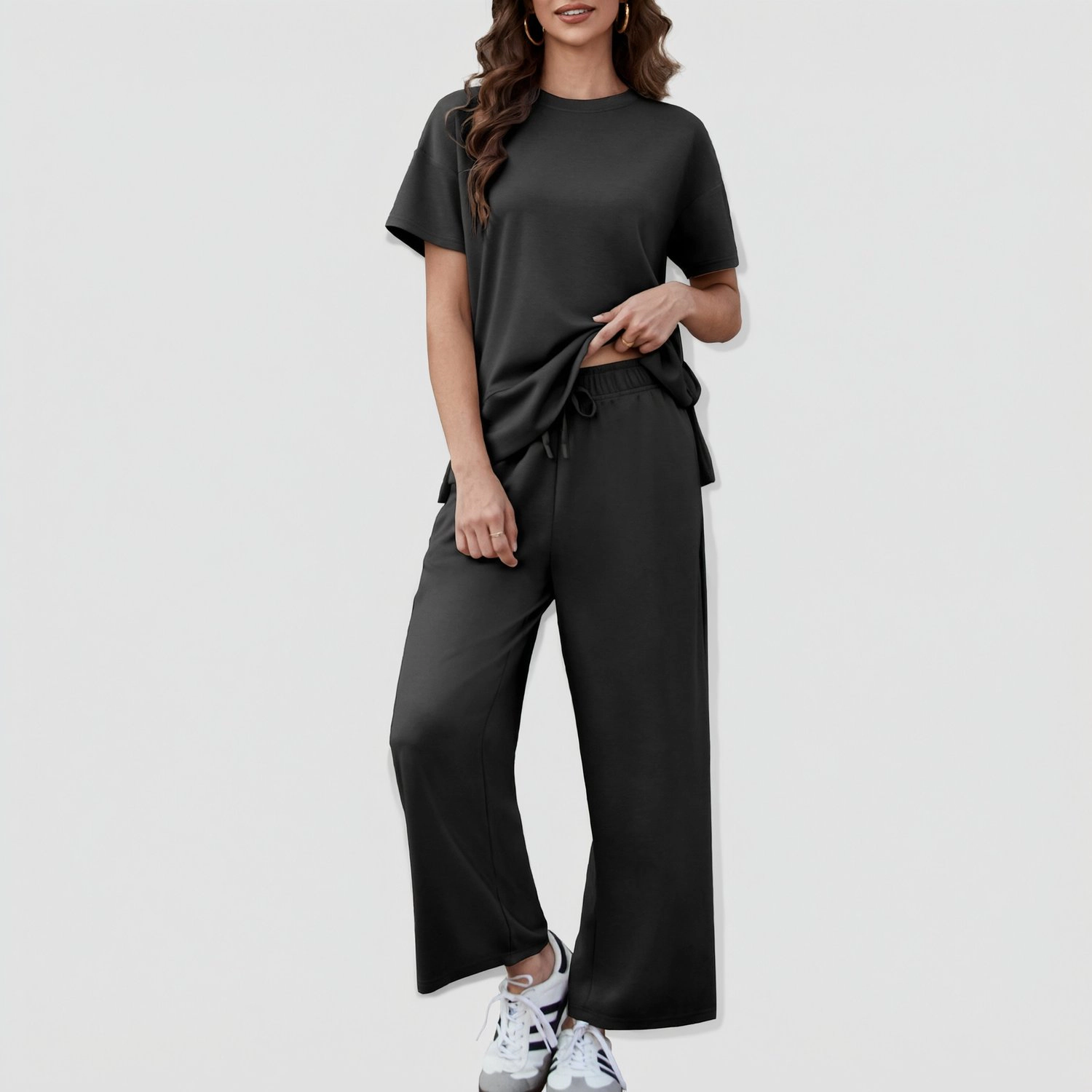 Pinspark Womens Casual Short Sleeve Tops Solid Wide Leg Pants Loose Lounge Sets