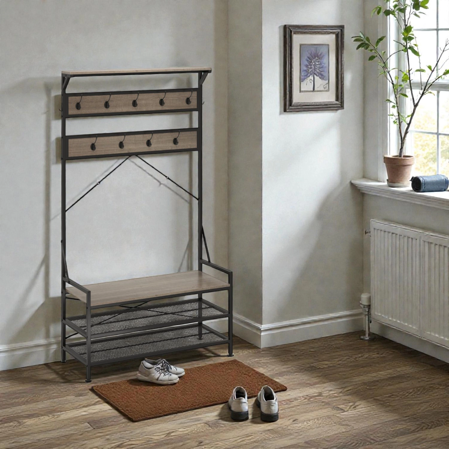 Hivvago Coat and Shoe Storage Hall Tree with 11 Hanging Hooks