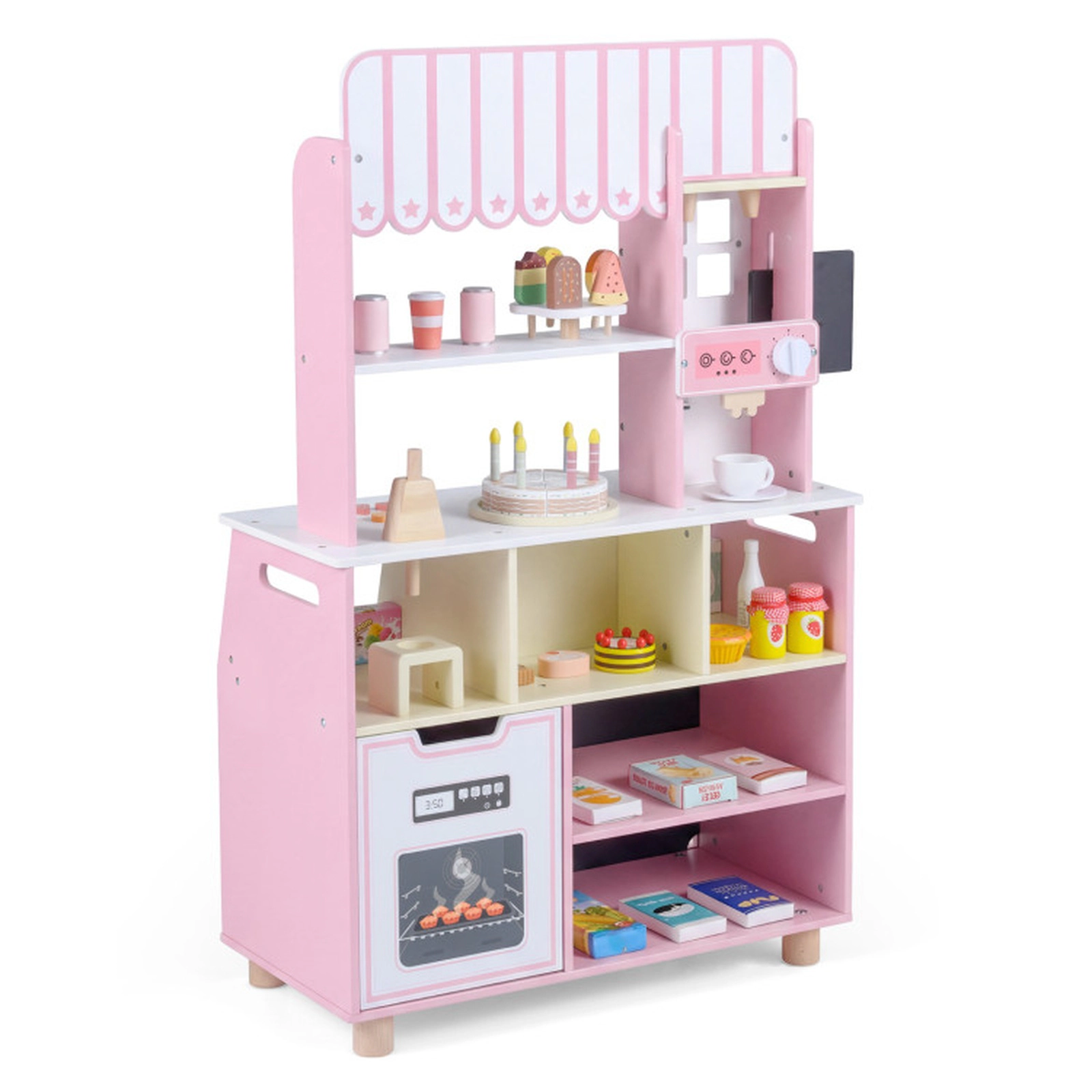 SUGIFT Wooden Kids Ice Cream Shop Playset with 27 Accessories and Ice Cream Machine 24.5-in Wide Ages 3+ Blue/Pink