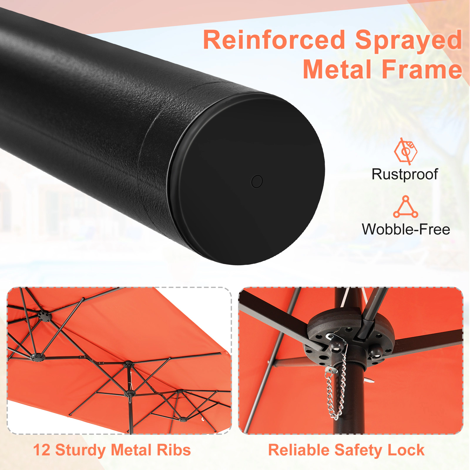 SUGIFT 13-ft Orange Double Patio Umbrella with Fillable Cross Base, Crank Lift and 12 Ribs