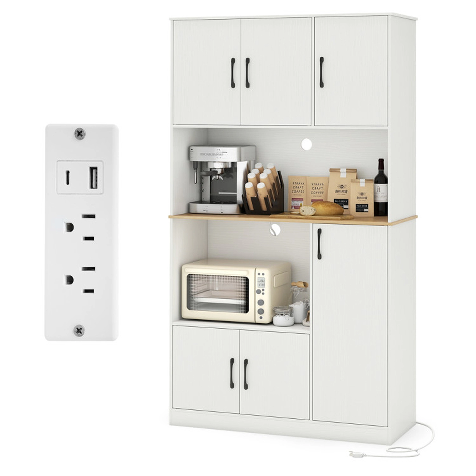 SUGIFT 71-in Tall 77-lb Countertop White Wooden Pantry Cabinet with Charging Station and Microwave Stand
