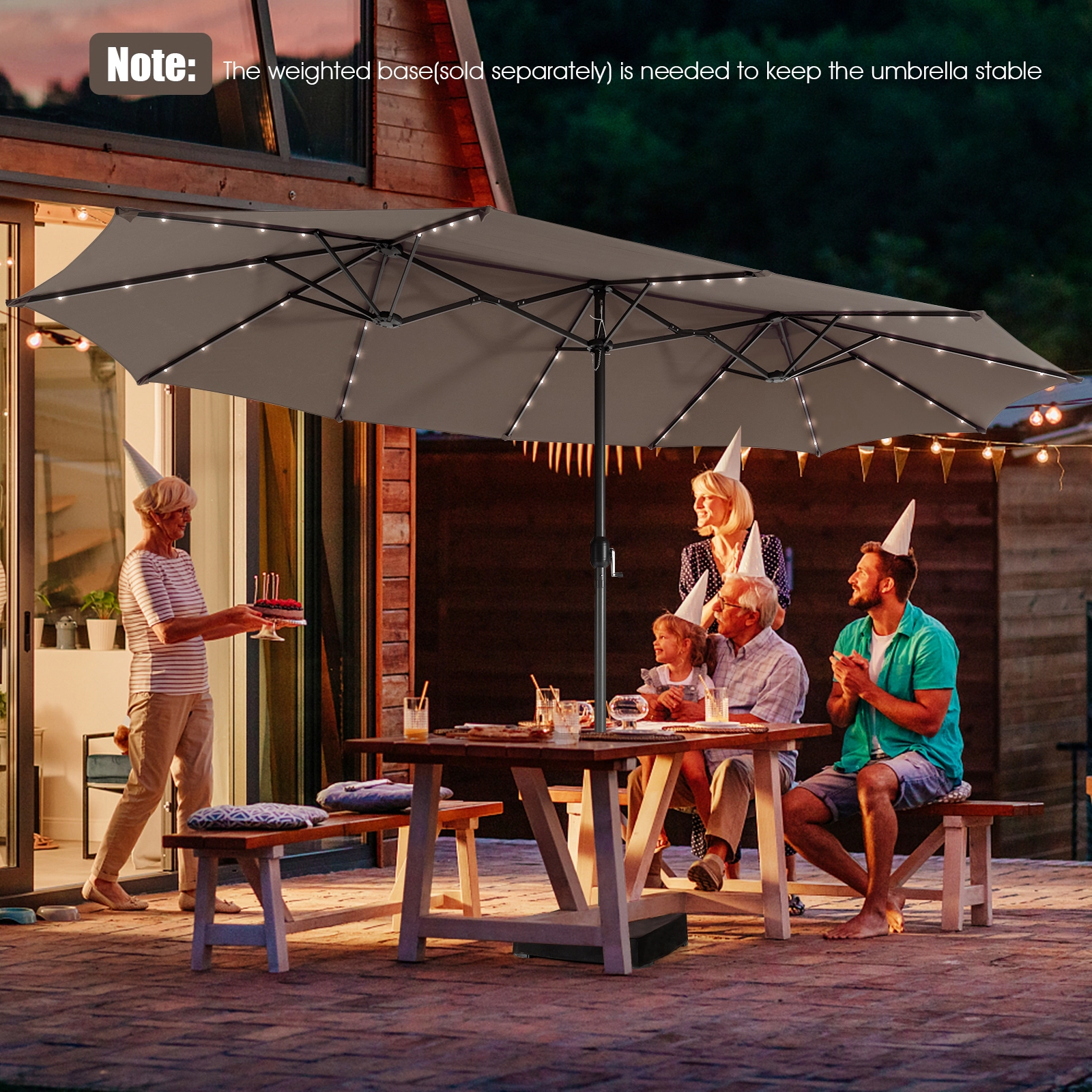 SUGIFT Light Brown 15 ft Twin Patio Umbrella with 48 Solar LED Lights and Steel Pole