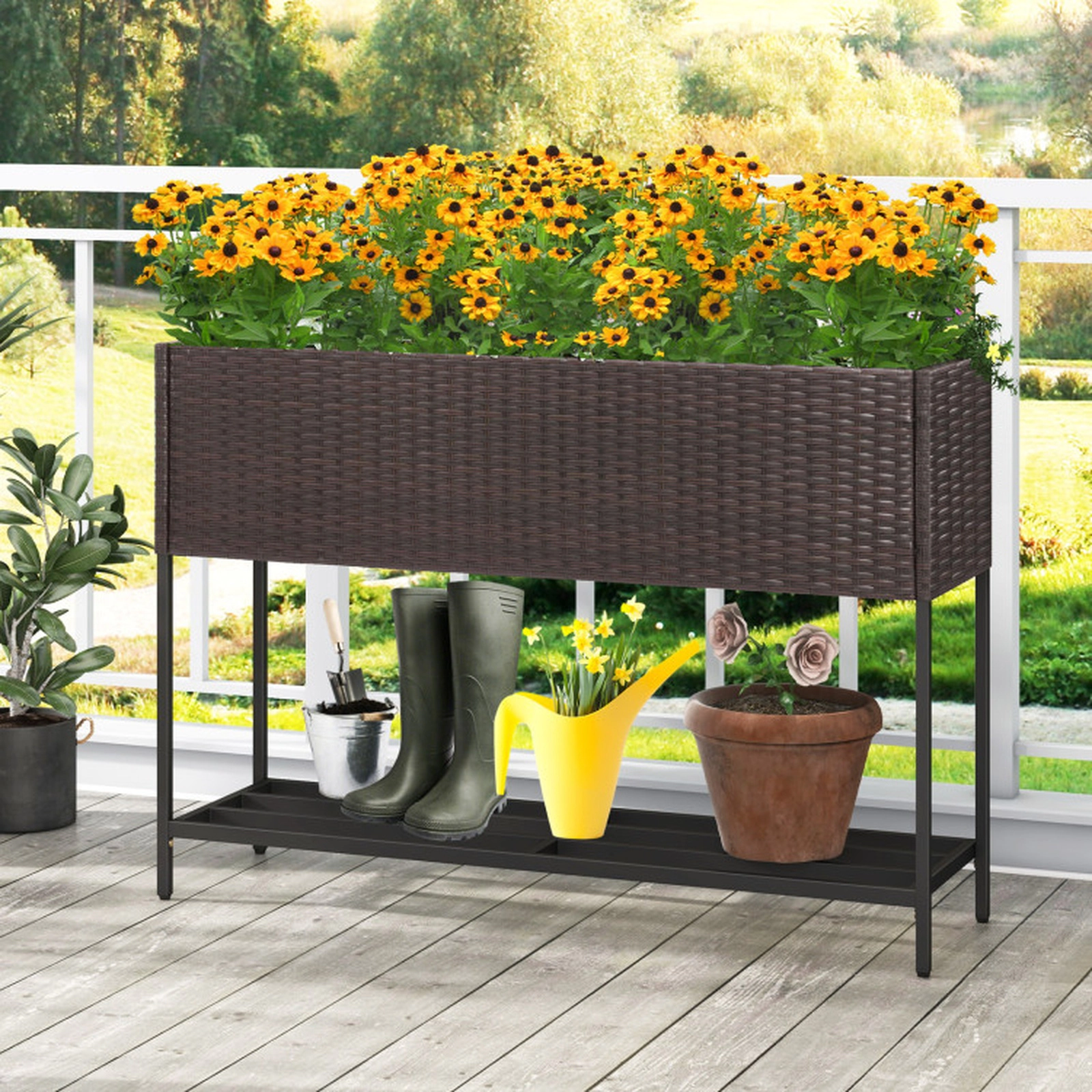 SUGIFT Raised Garden Bed with Storage Shelf and Drainage Gaps 132-lb Planter Box Capacity 66-lb Shelf Capacity Black