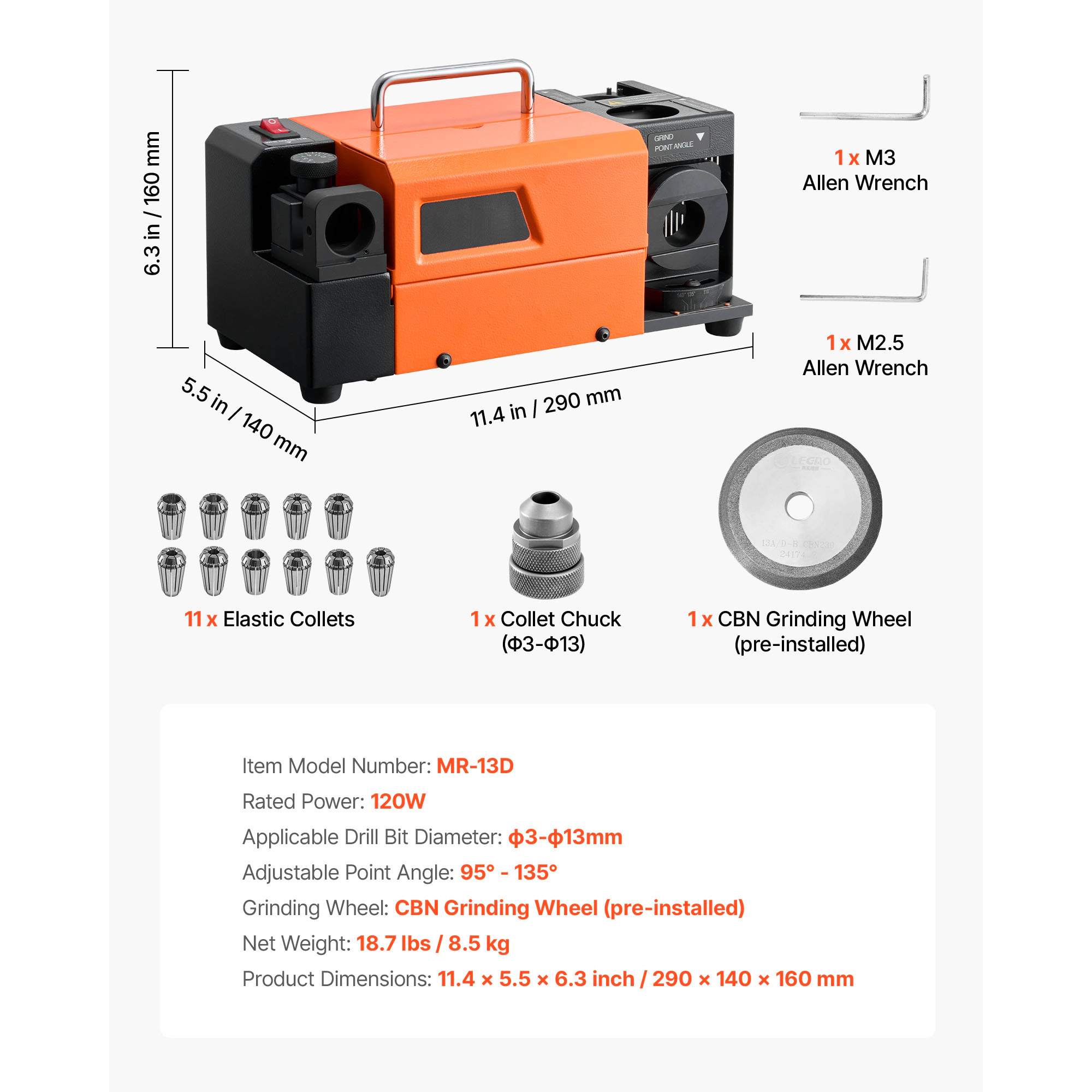 HONGGE Drill Bit Grinder with Adjustable Angle, 95°-135° Point Angle, Collets & CBN