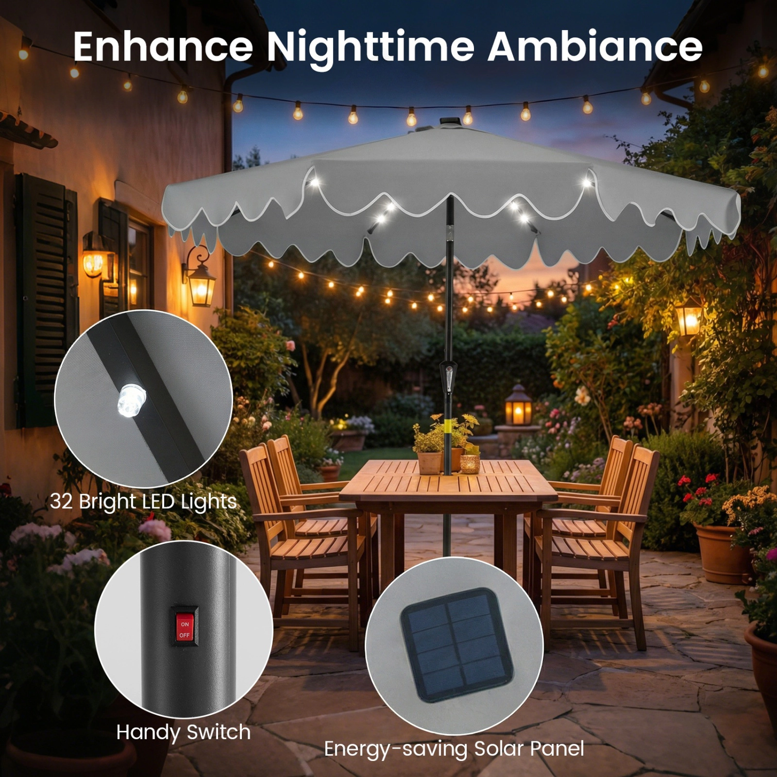 SUGIFT 9-ft Gray Solar LED Patio Umbrella with Crank Lift, Manual Tilt and 2 Sandbags
